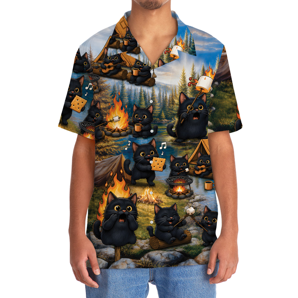 Vintage Black Cat Camping Hawaiian Shirt