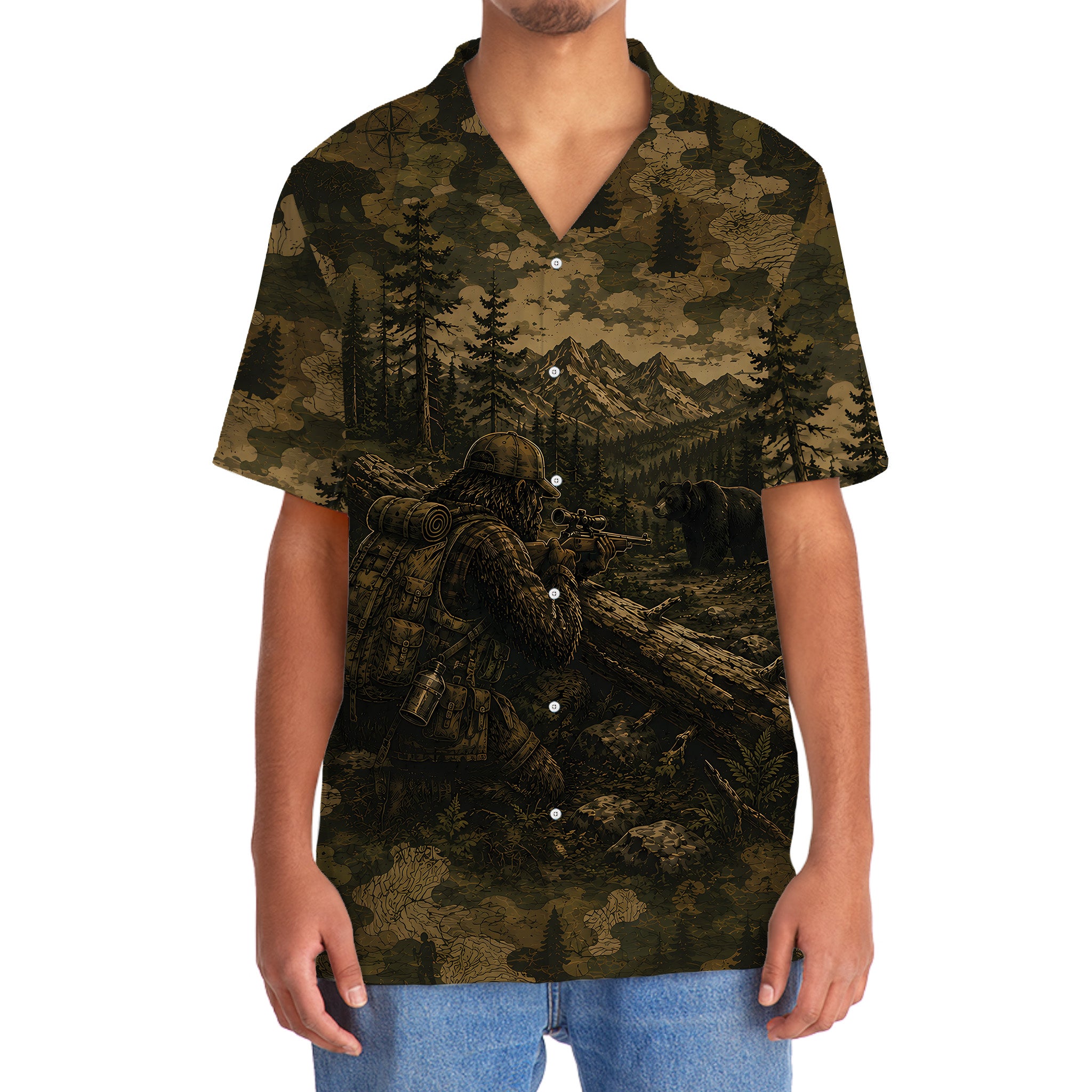 Bigfoot Black Bear Hunting Camouflage Funny Hawaiian Shirt