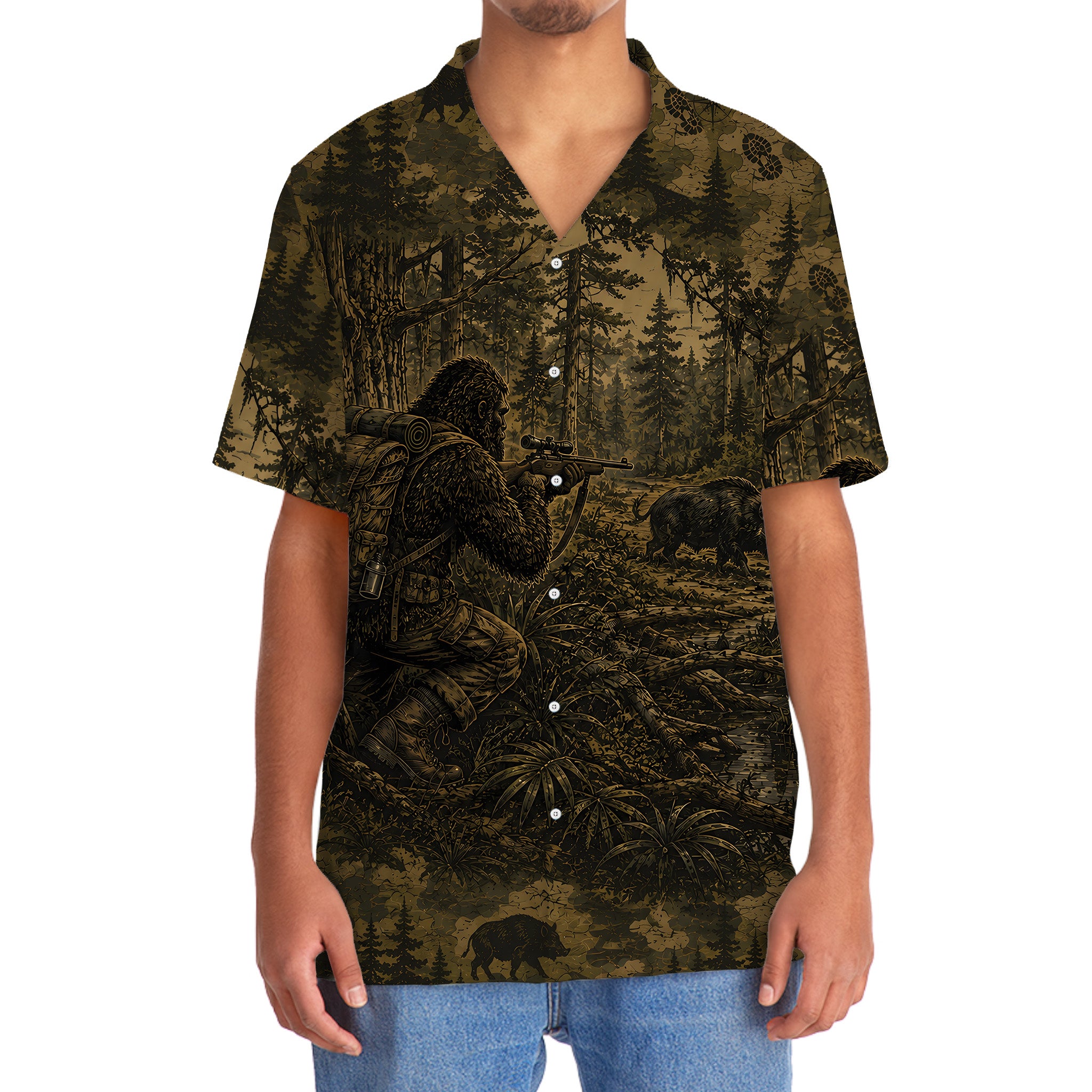 Bigfoot Hog Hunting Camouflage Funny Hawaiian Shirt