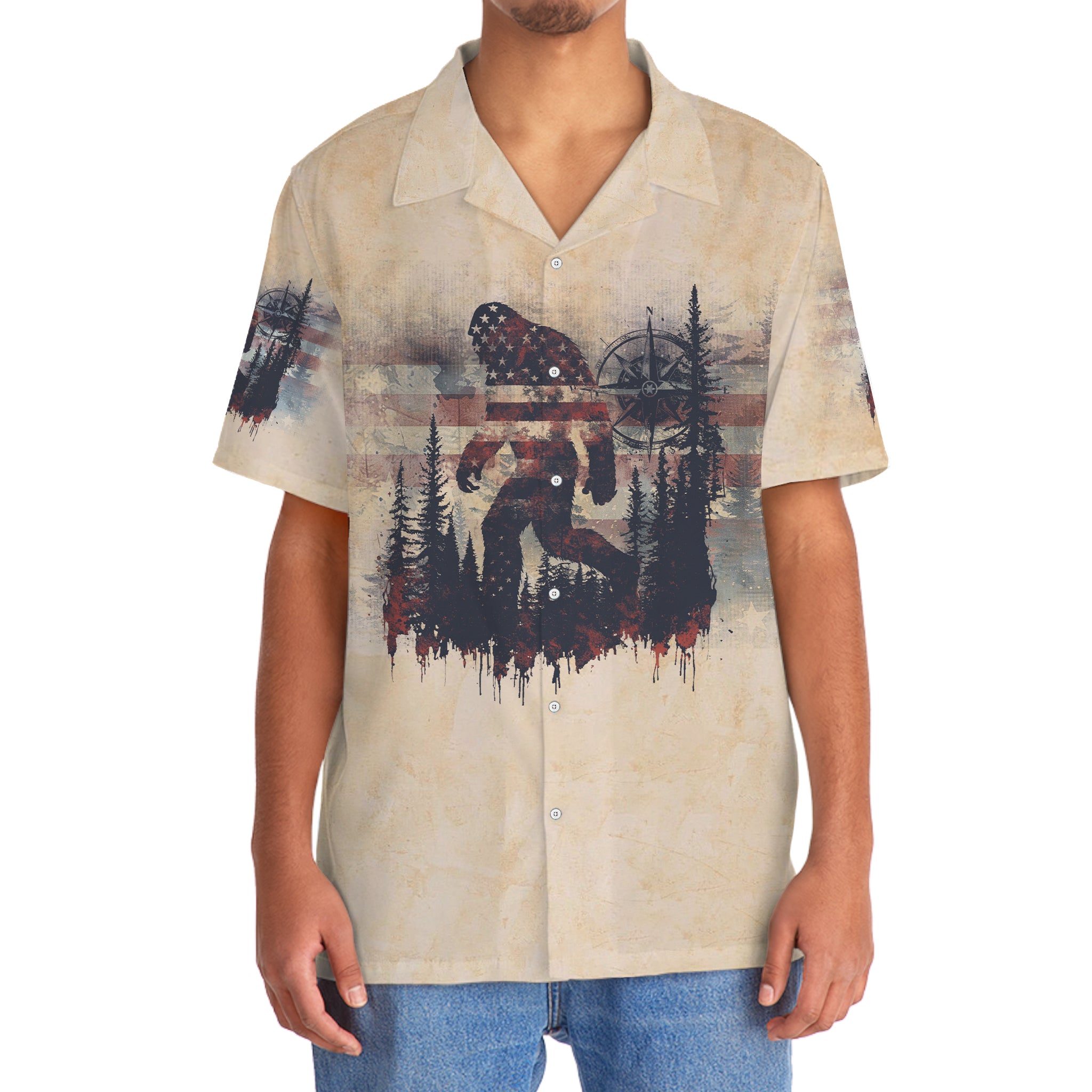 Vintage Bigfoot Not All Who Wander Are Lost Compass USA Hawaiian Shirt