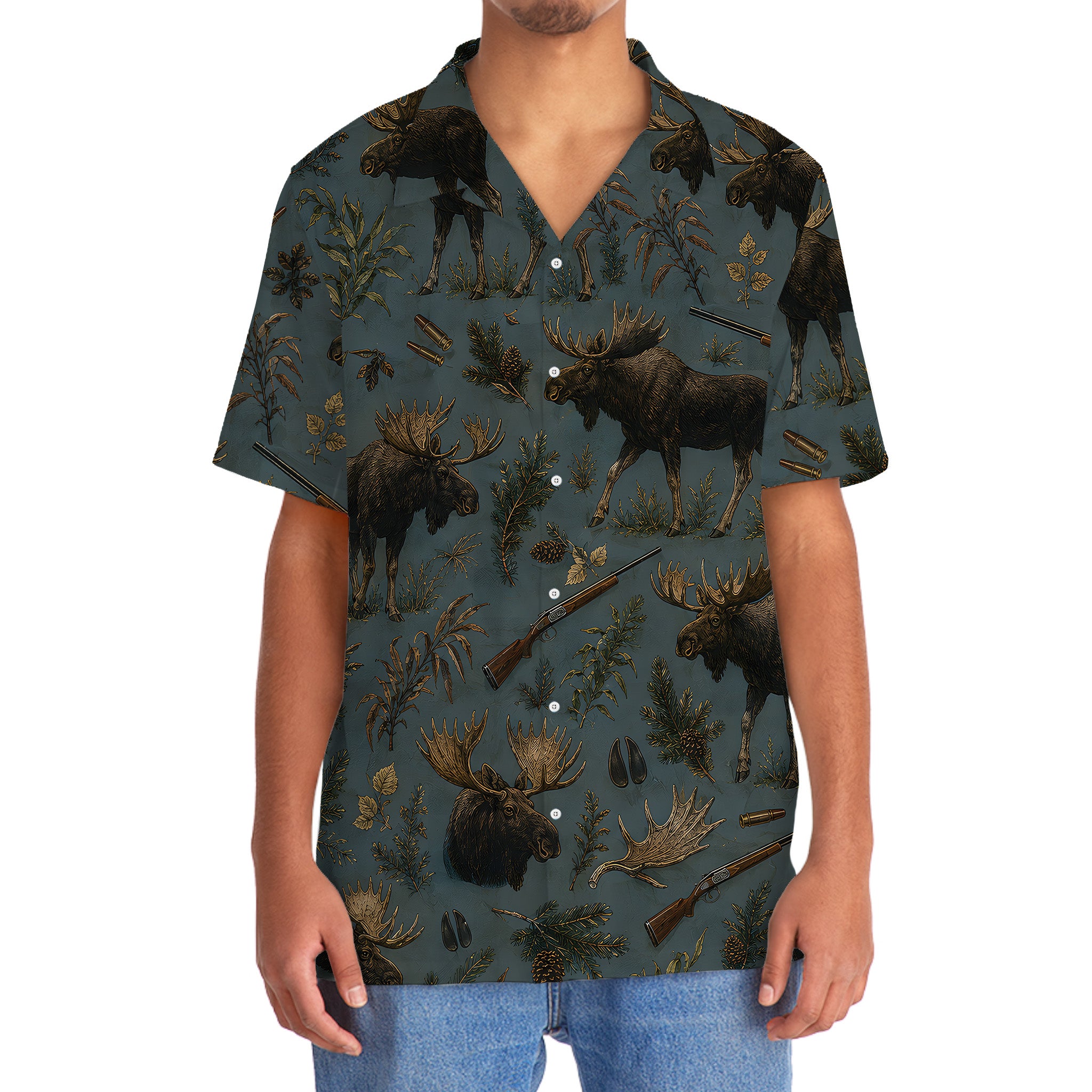 Vintage Slate Moose Hunt Hawaiian Shirt