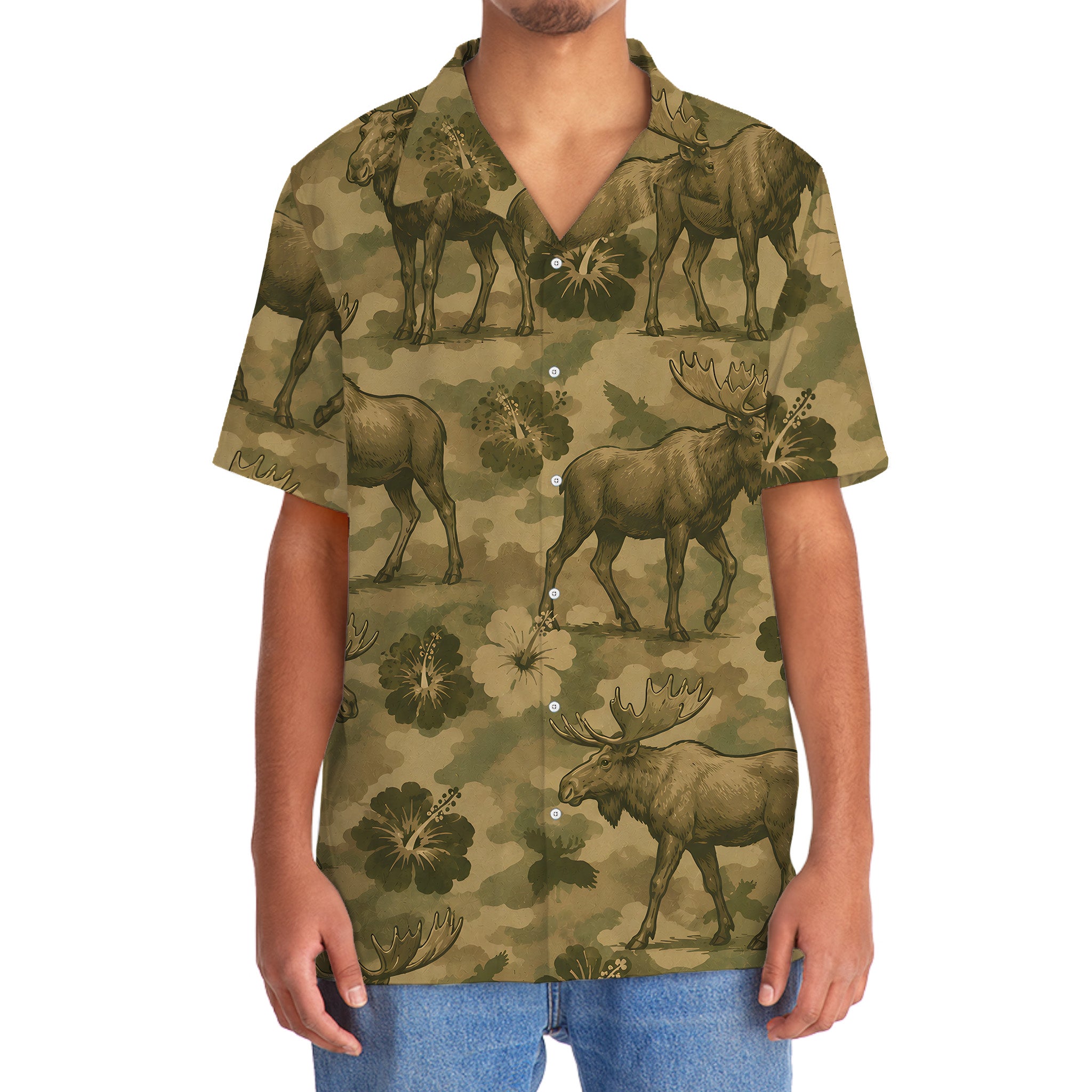 Moose Hibiscus Camouflage Hawaiian Shirt