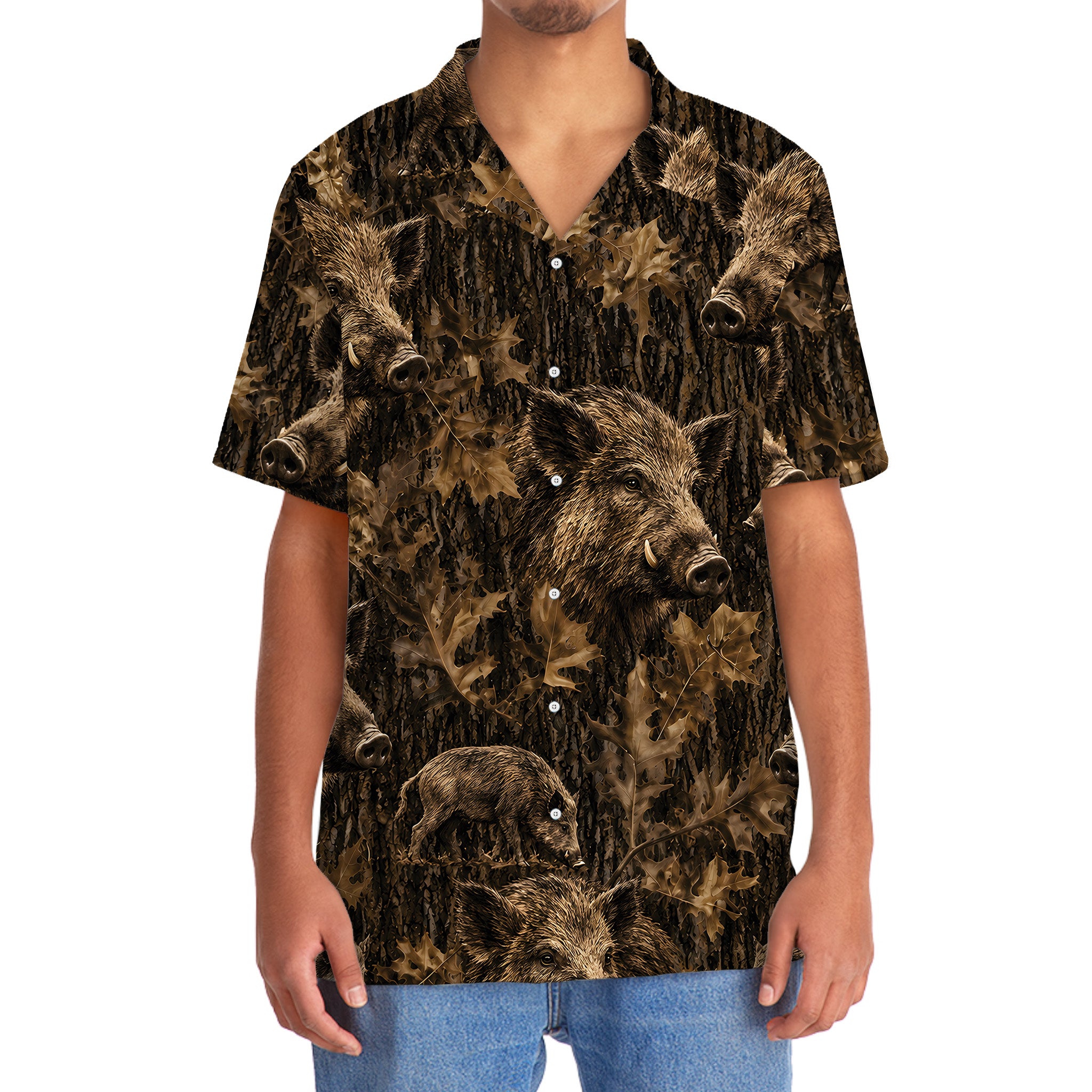 Vintage Feral Pig Art Camo Hawaiian Shirt