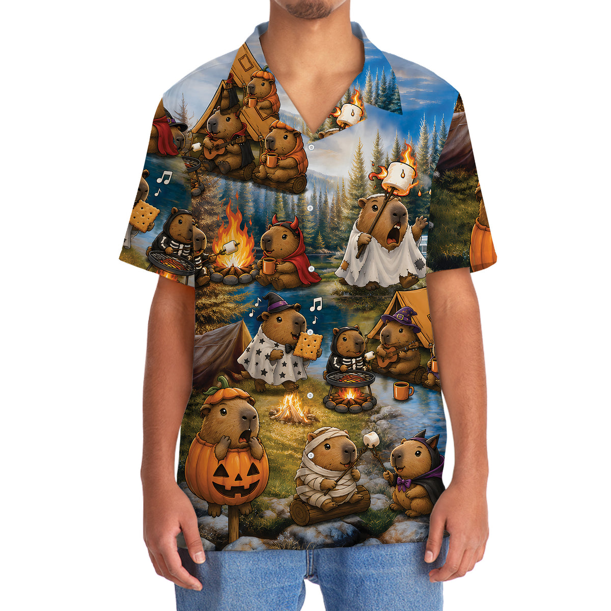 Vintage Capybara Camping Hawaiian Shirt