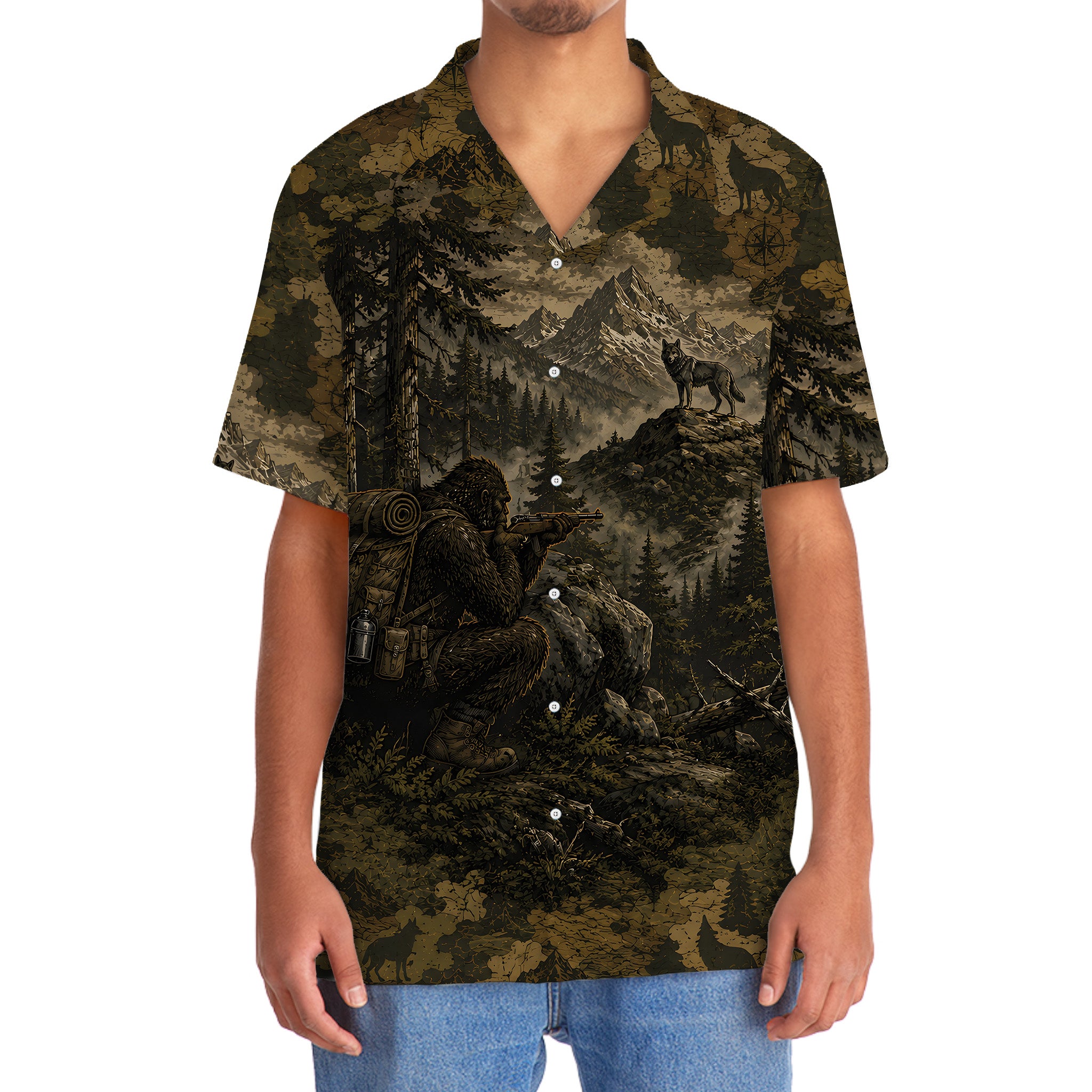 Bigfoot Wolf Hunting Camouflage Funny Hawaiian Shirt