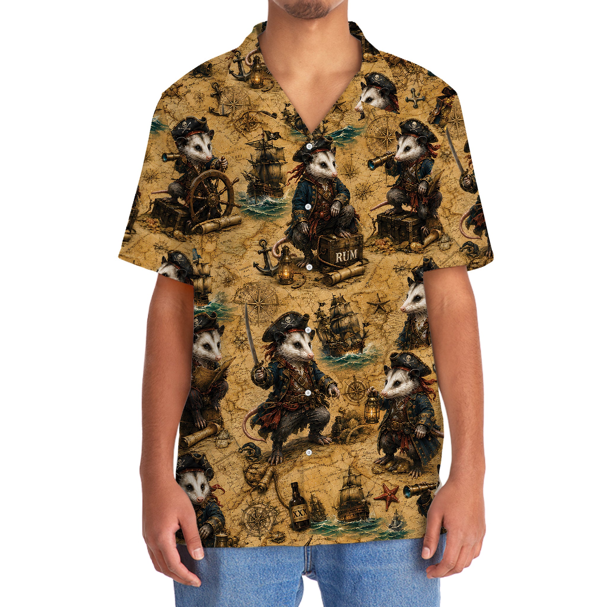 Vintage Pirate Opossum Treasure Map Hawaiian Shirt