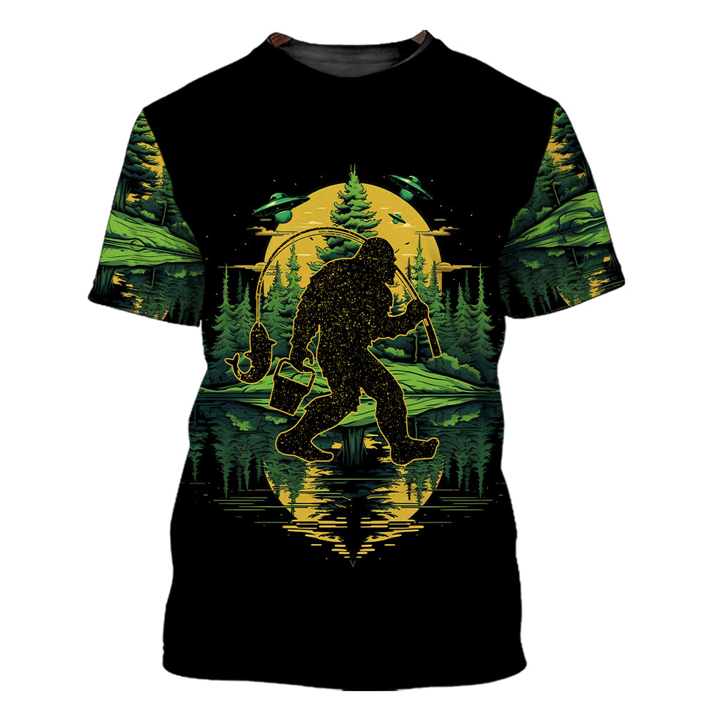 Bigfoot Fishing Green Alien Forest All Over Print Shirt