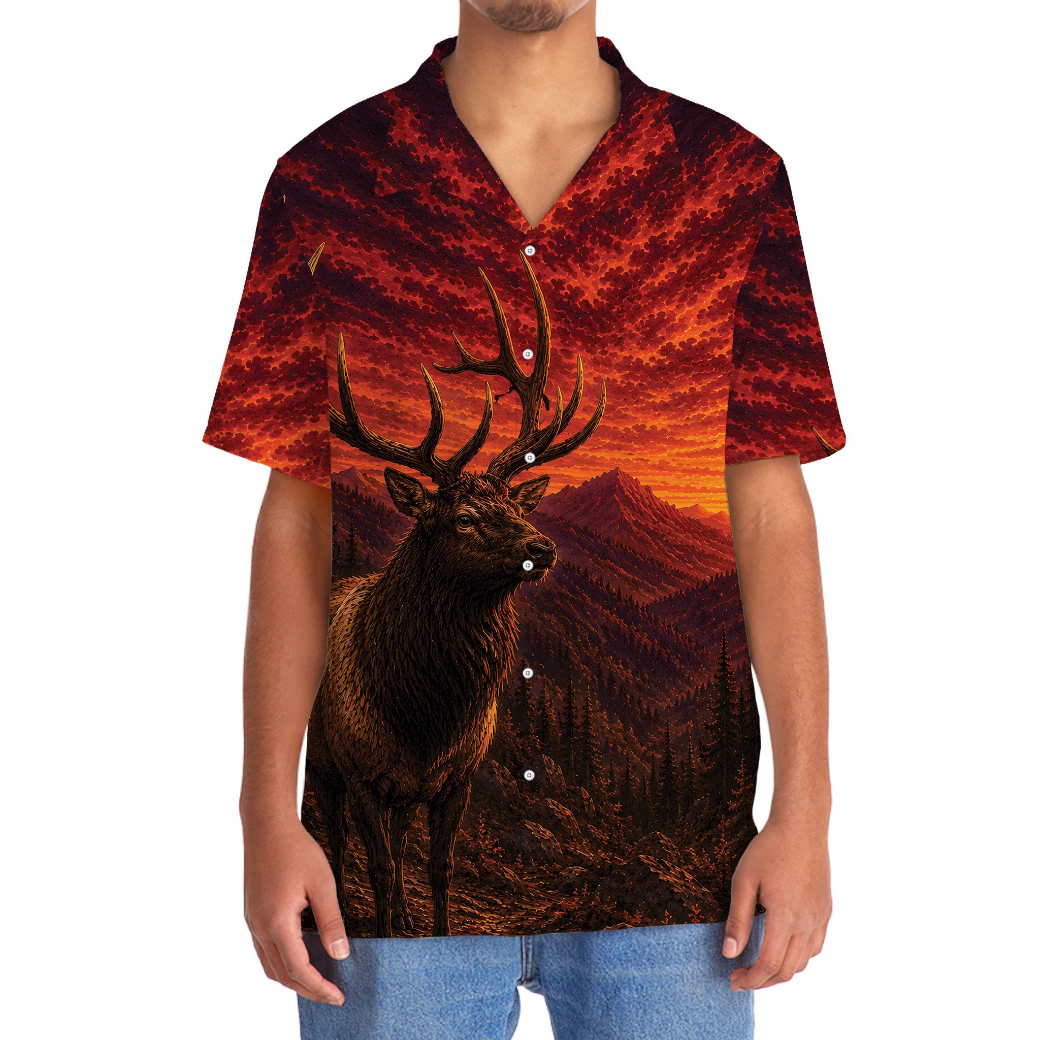 Elk Hunting Burnt Sky Hawaiian Shirt