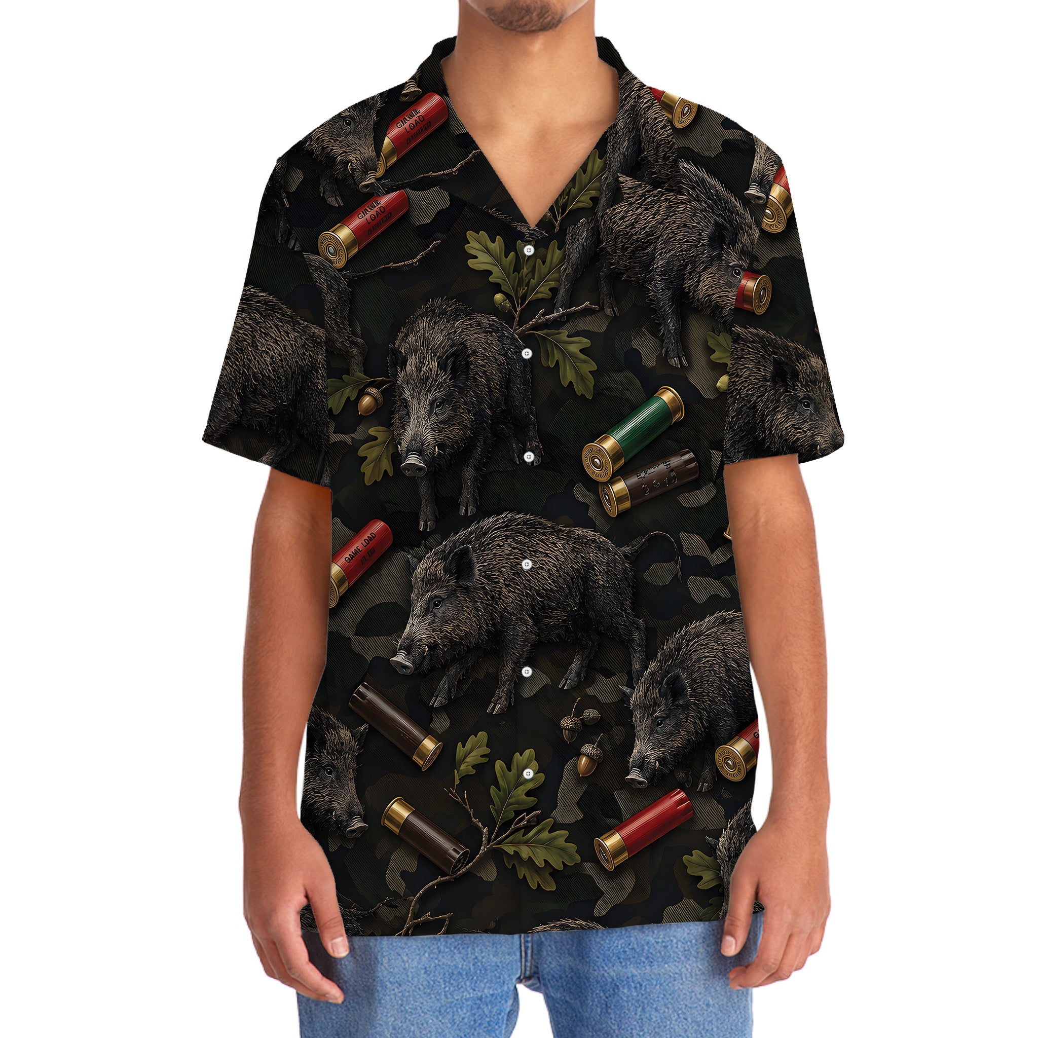 Vintage Hog Hunting Camouflage Black Hawaiian Shirt