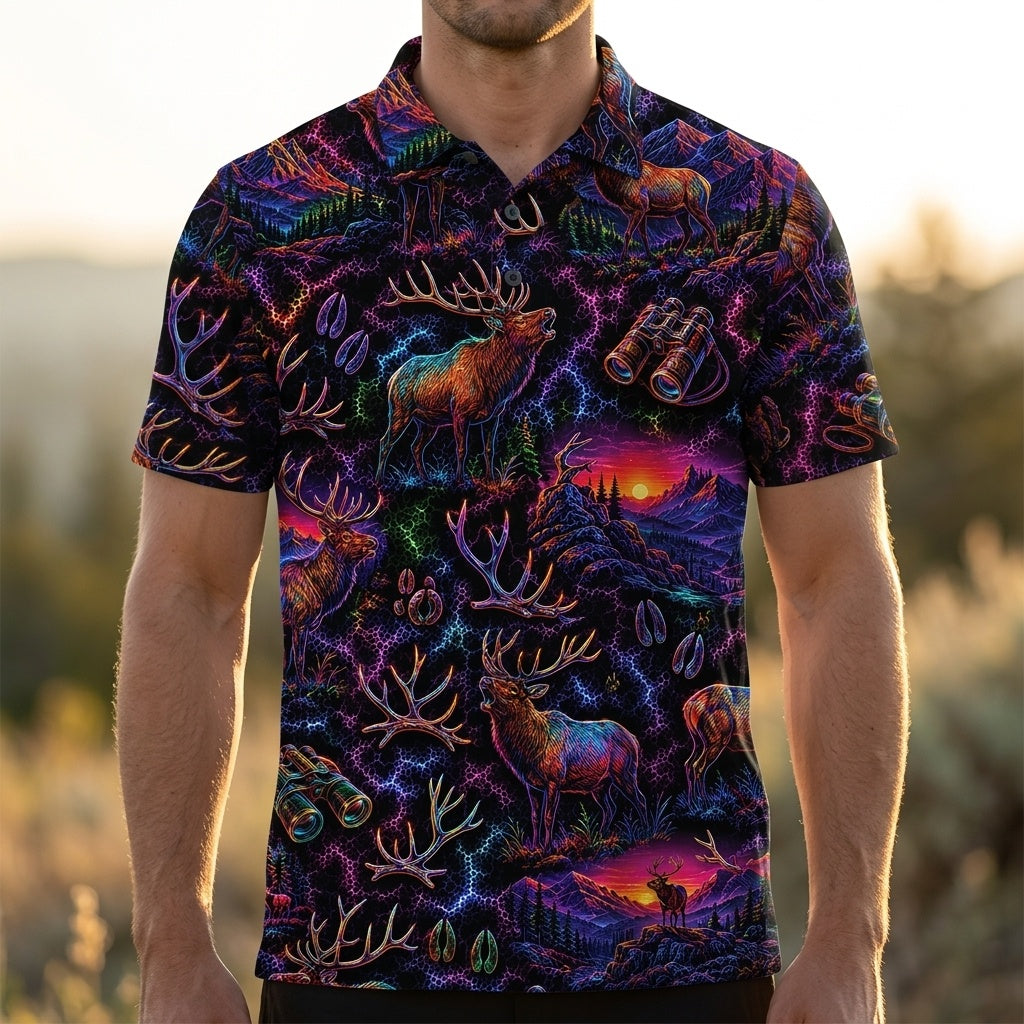 Midnight Elk Hunting Neon Men Polo Shirt