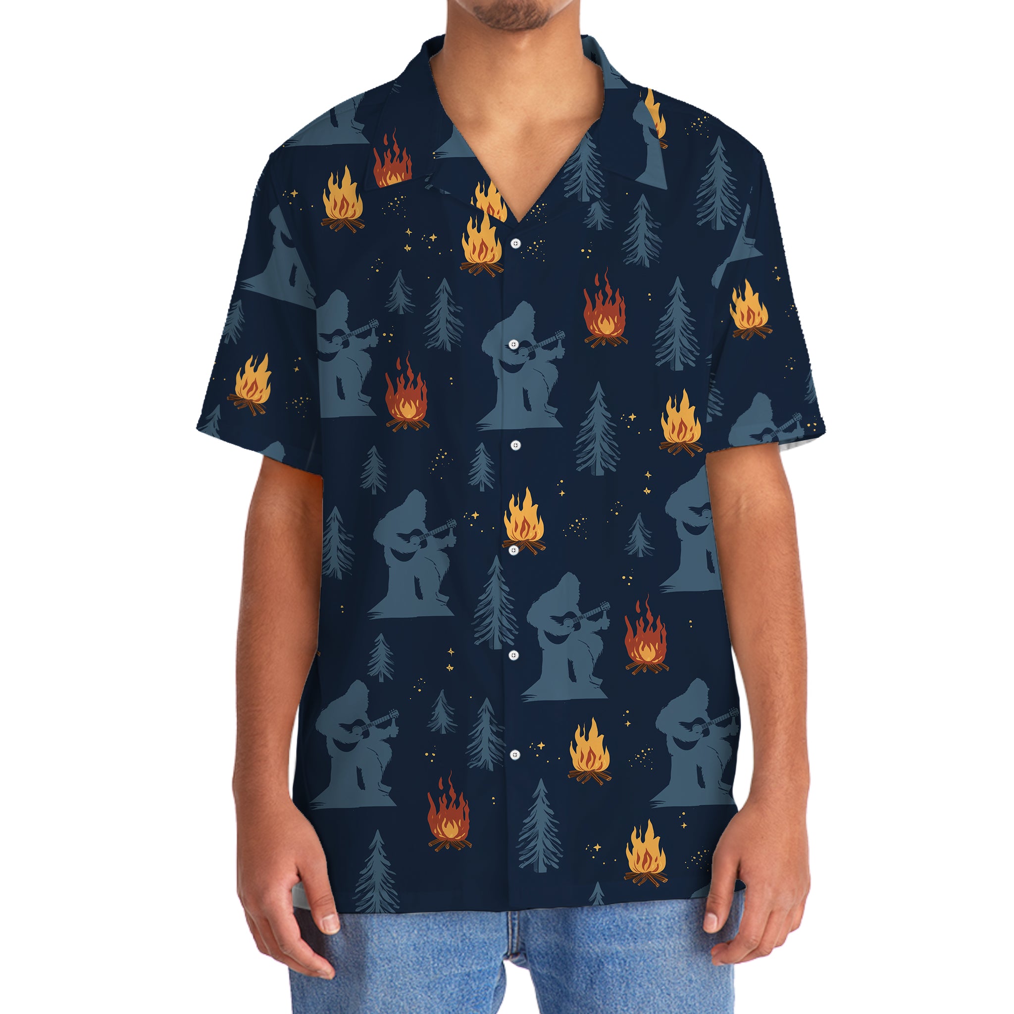 Campfire Silhouette Bigfoot Hawaiian Shirt