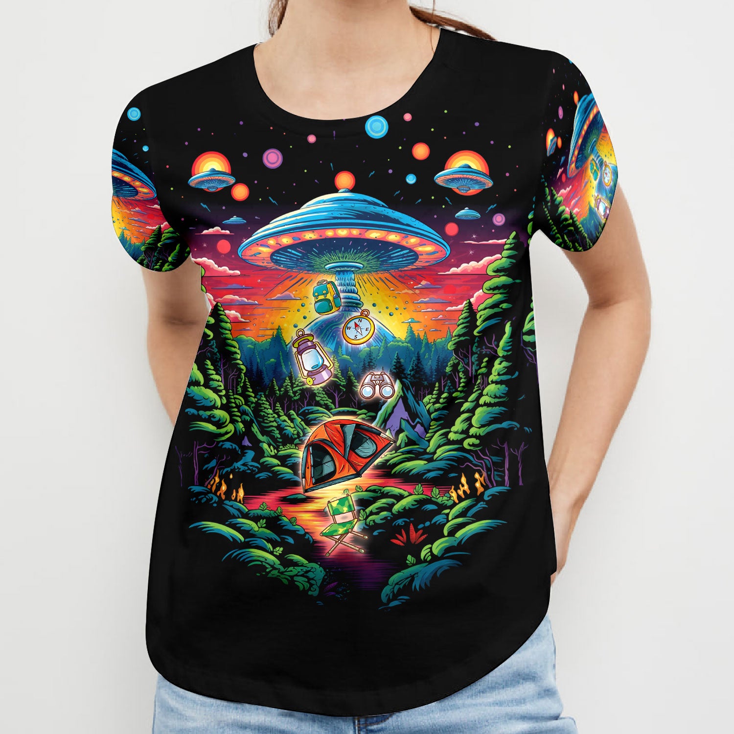 Alien UFO Abduction On Camping Site Night All Over Print Shirt