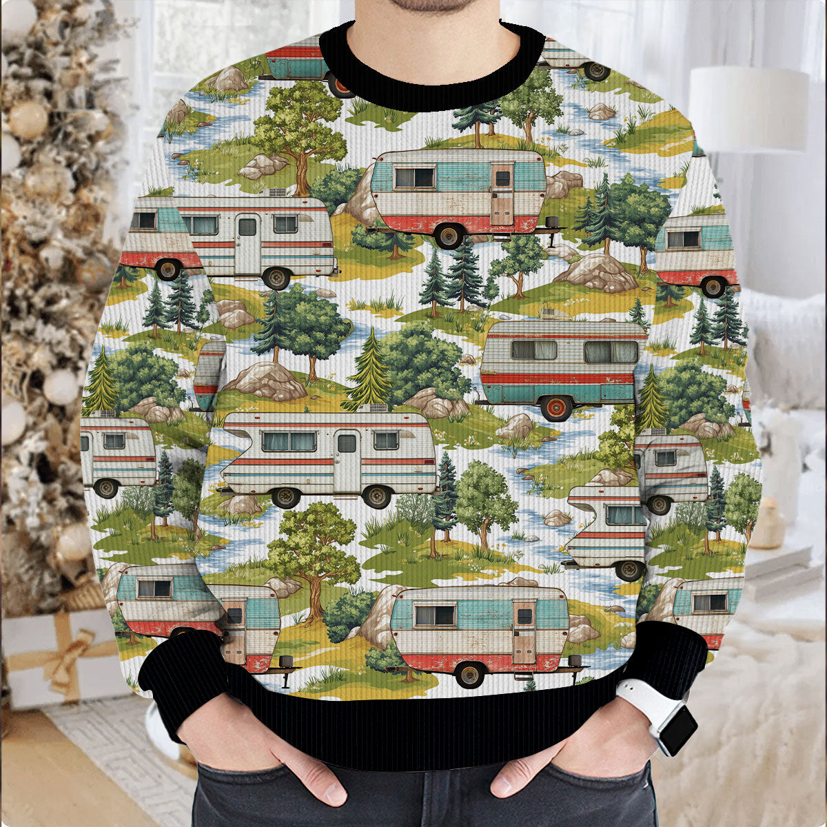 Camper Trailer Camping 80s Vintage Ugly Sweater
