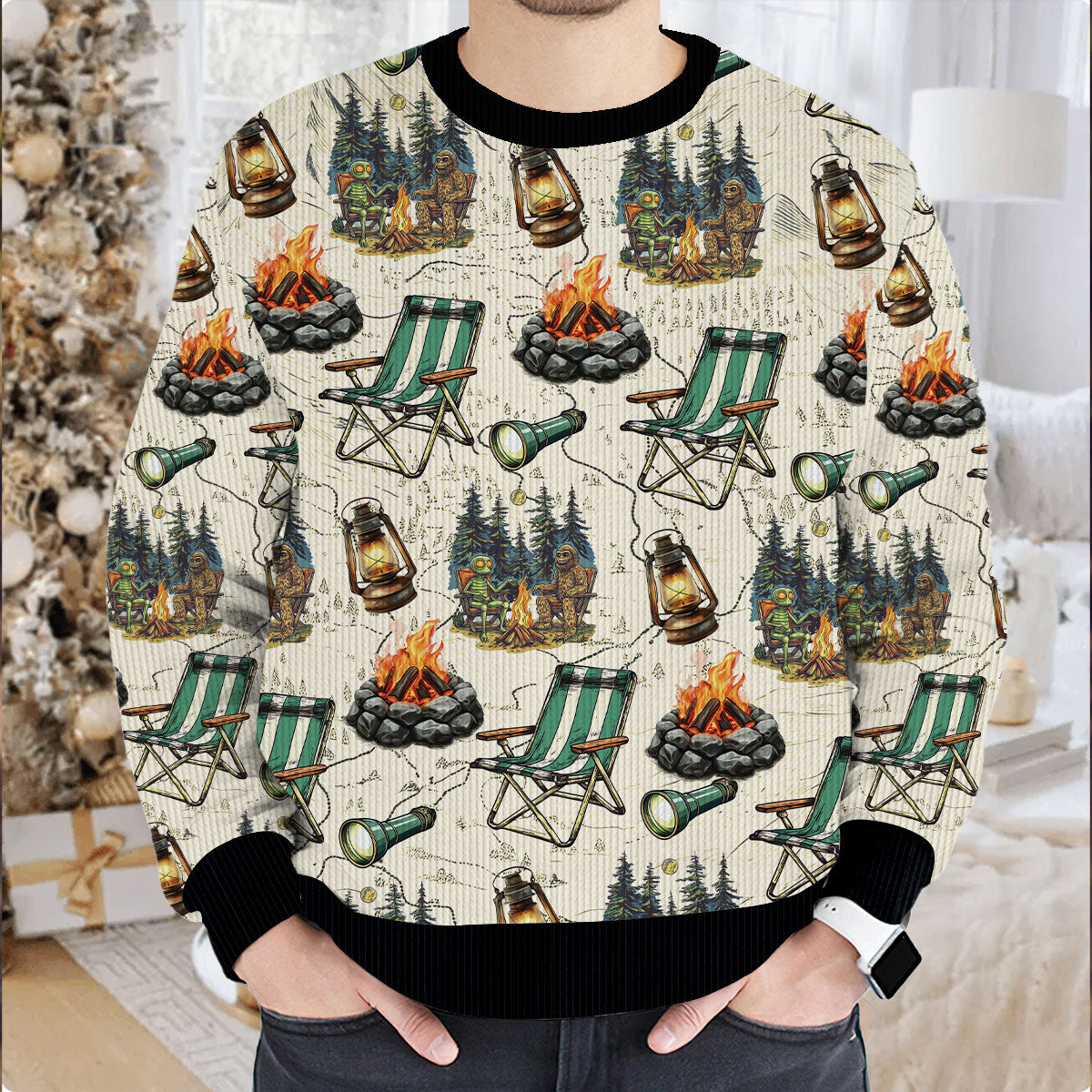 Alien and Bigfoot Camping Ugly Sweater