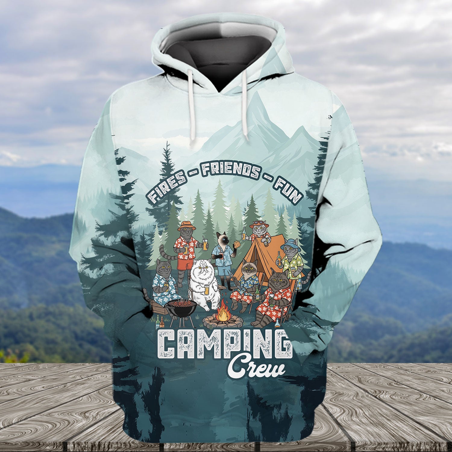 Friends, Fires, Fun Camping Crew Cats All Over Print Shirt