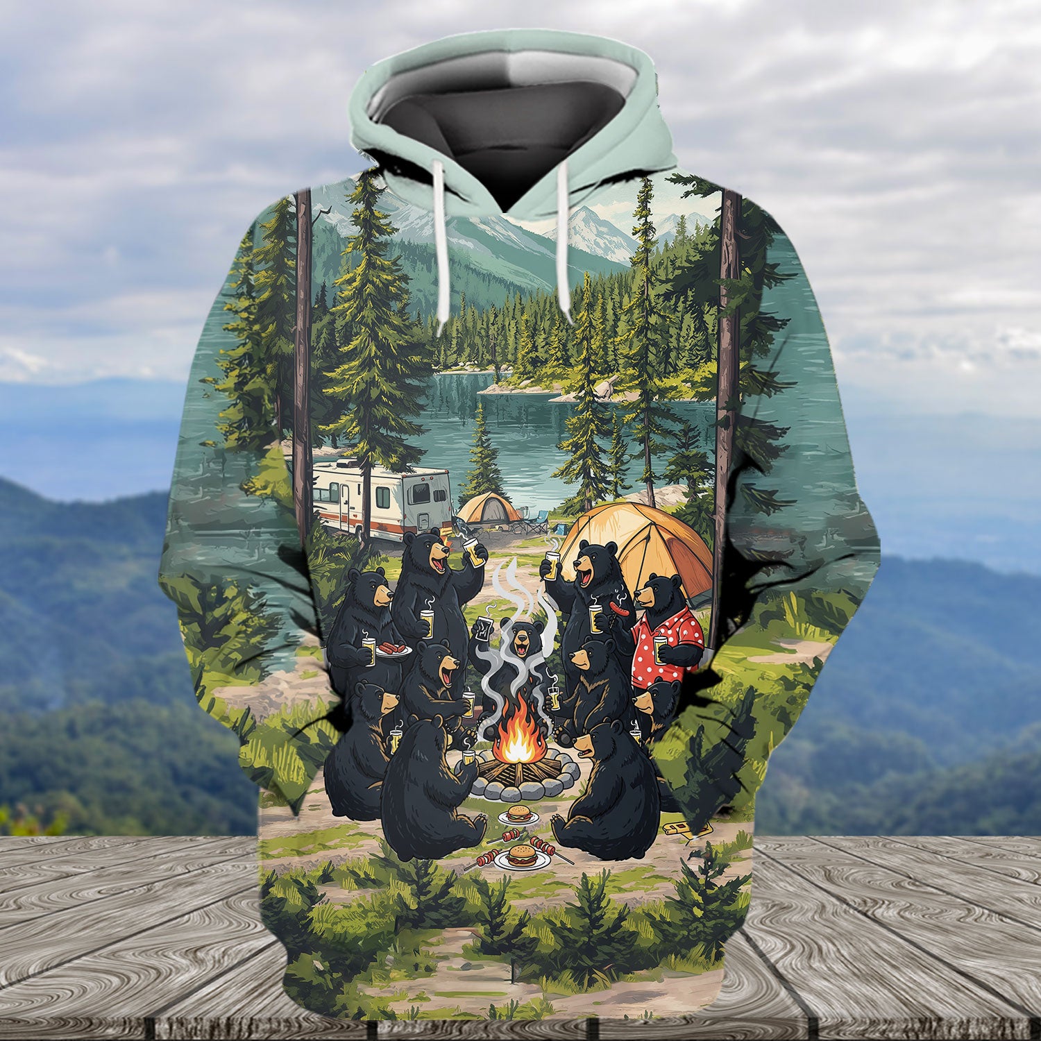 Friends, Fires, Fun Camping Crew Black Bear All Over Print Shirt