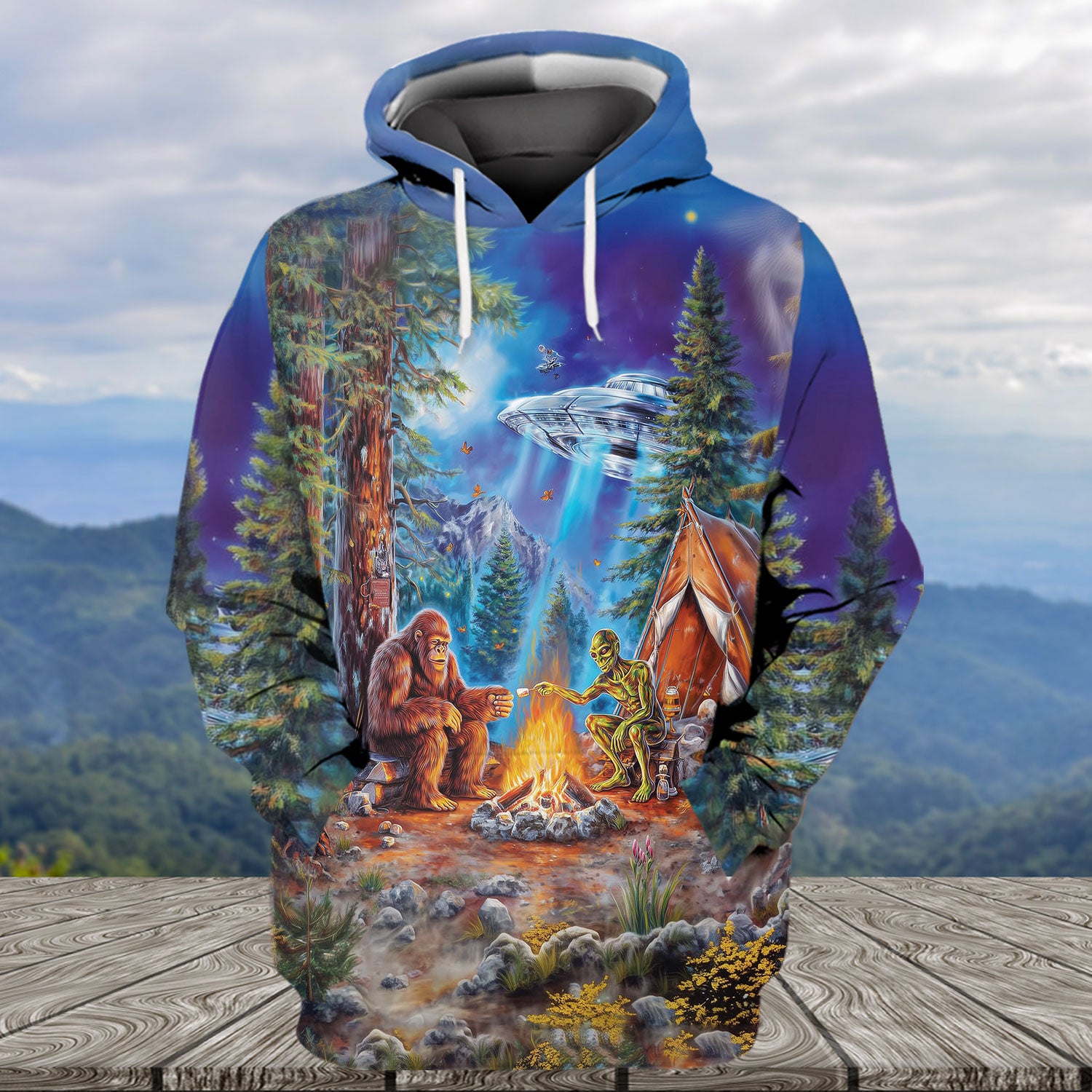 Bigfoot Alien Camping Night All Over Print Shirt