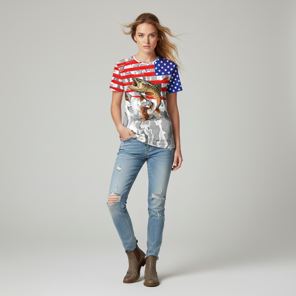 Camo American Flag Trout Fish Fishing All Over Print Shirt
