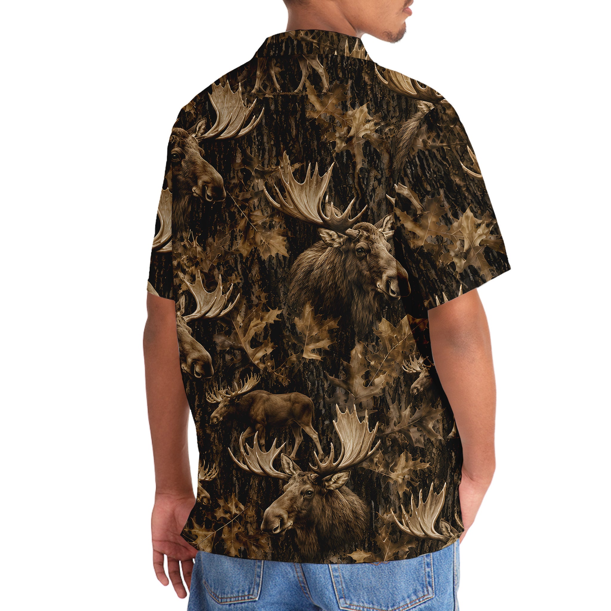 Vintage Moose Art Camo Hawaiian Shirt