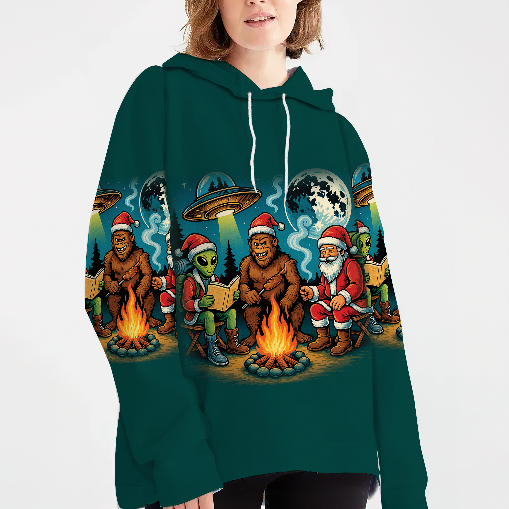 Funny Bigfoot Alien And Santa Making Memories One Campfire At A Time All Over Print Shirt