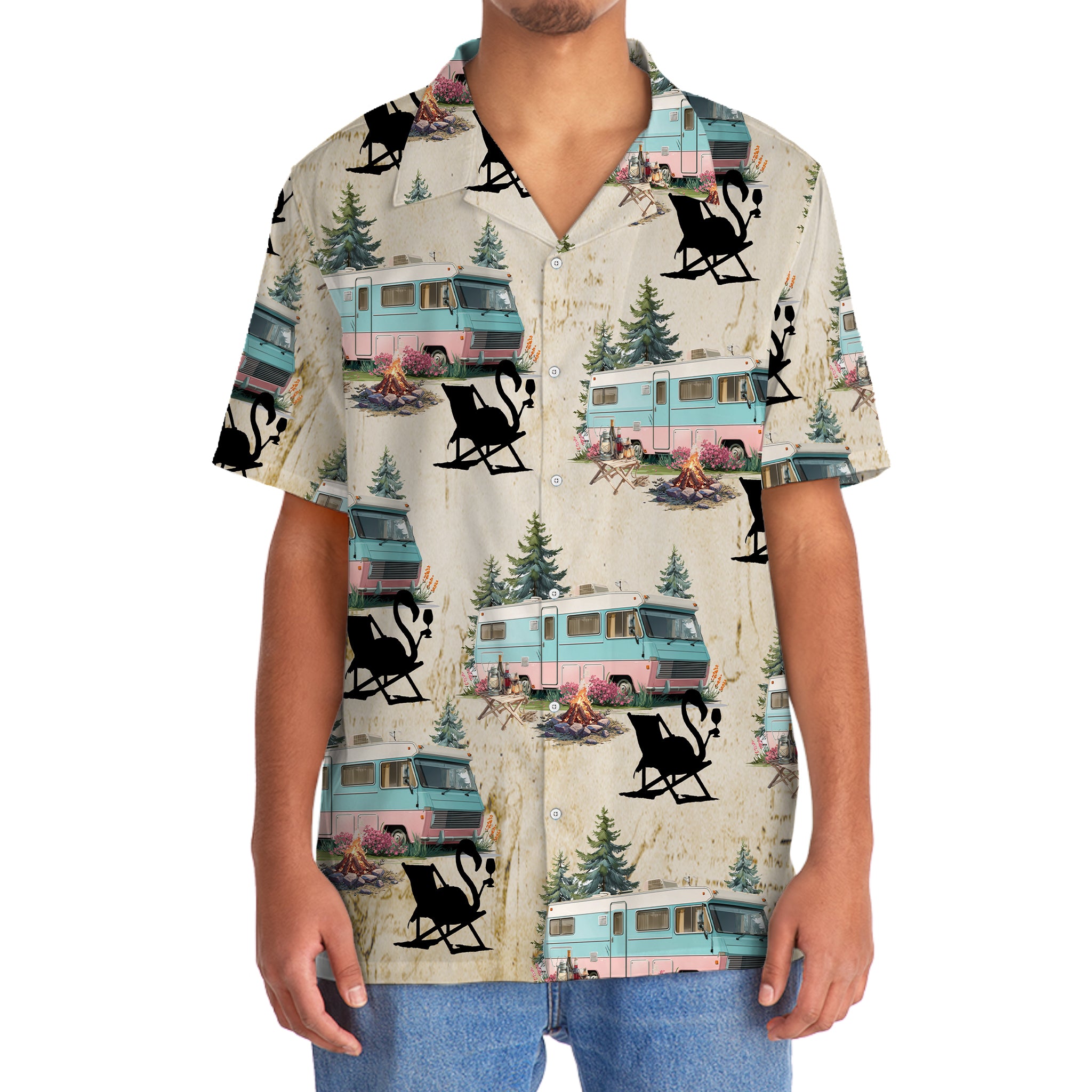 Retro Camper and Campfire Drinking Hawaiian Shirt