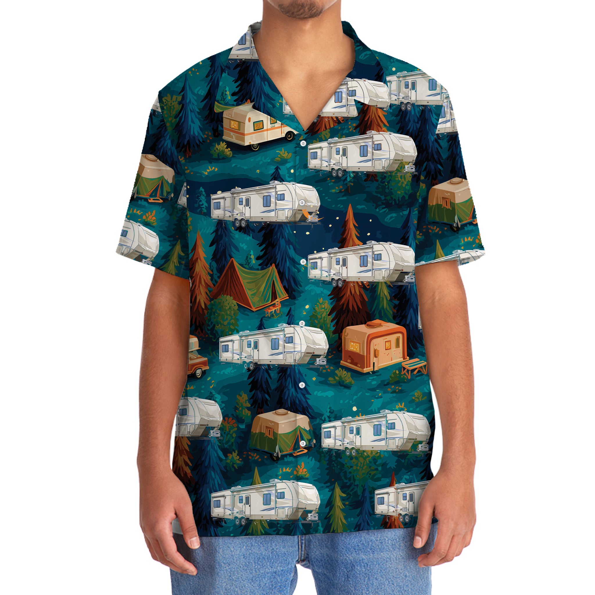 Night Forest Fiffth-Wheel Trailer Hawaiian Shirt