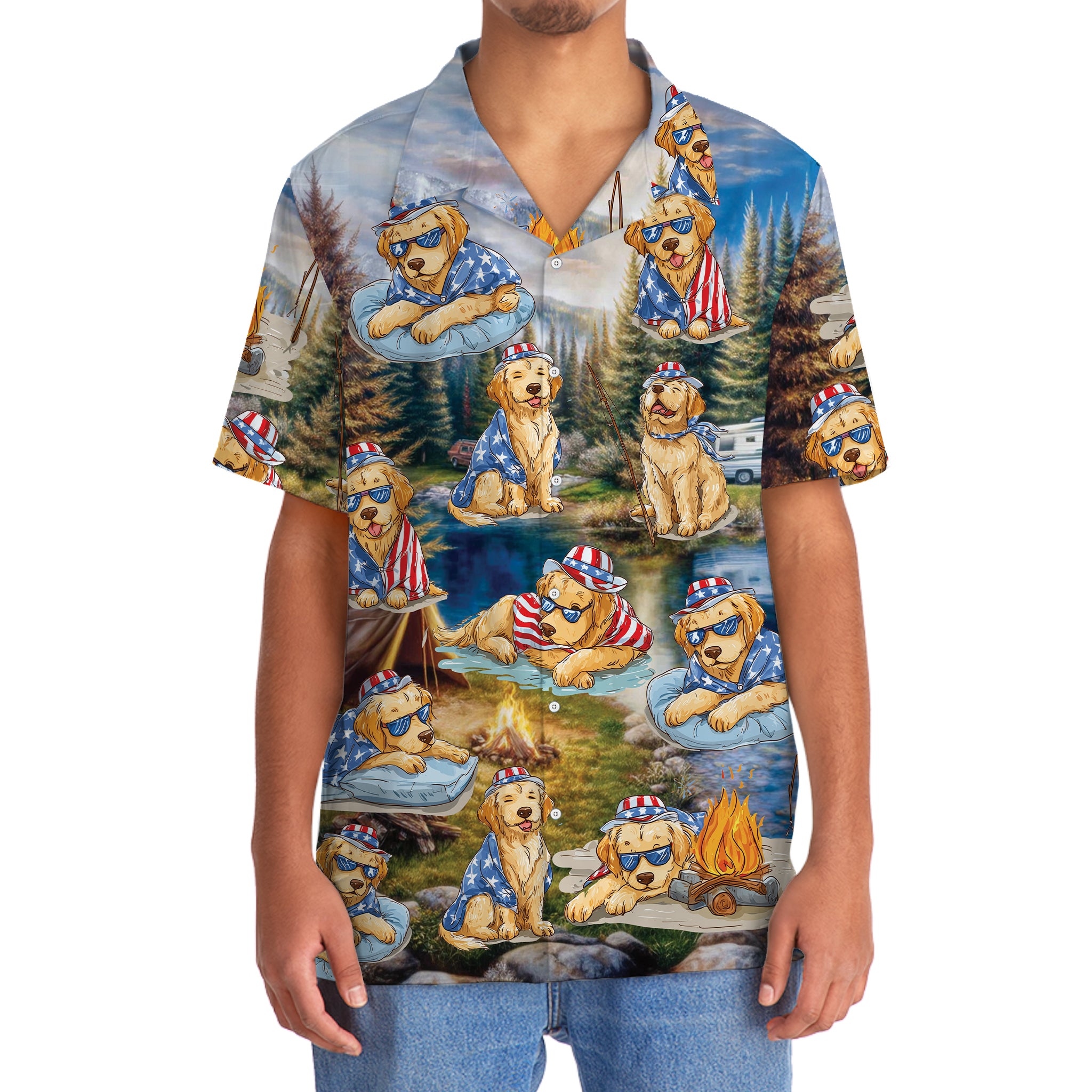 America Funny Golden Retriever Camping Hawaiian Shirt