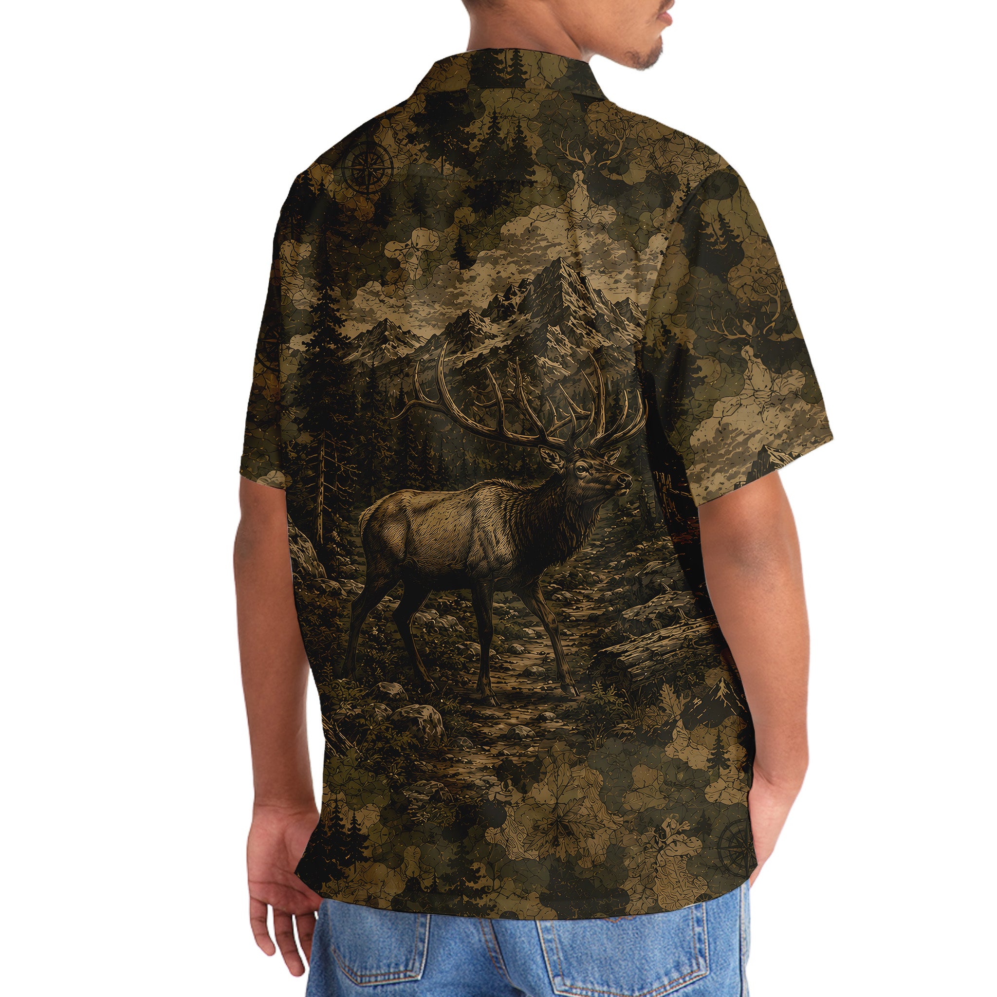 Elk Forest Camouflage Dark Hawaiian Shirt