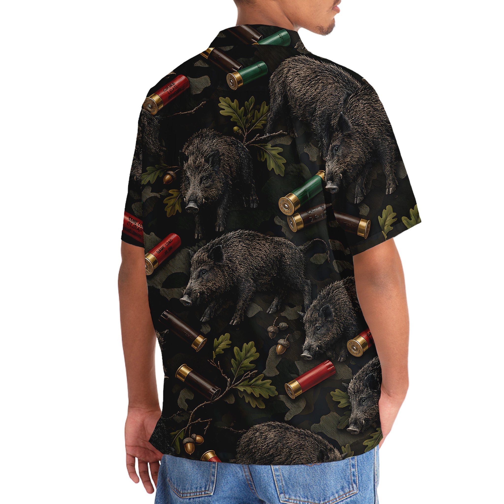 Vintage Hog Hunting Camouflage Black Hawaiian Shirt
