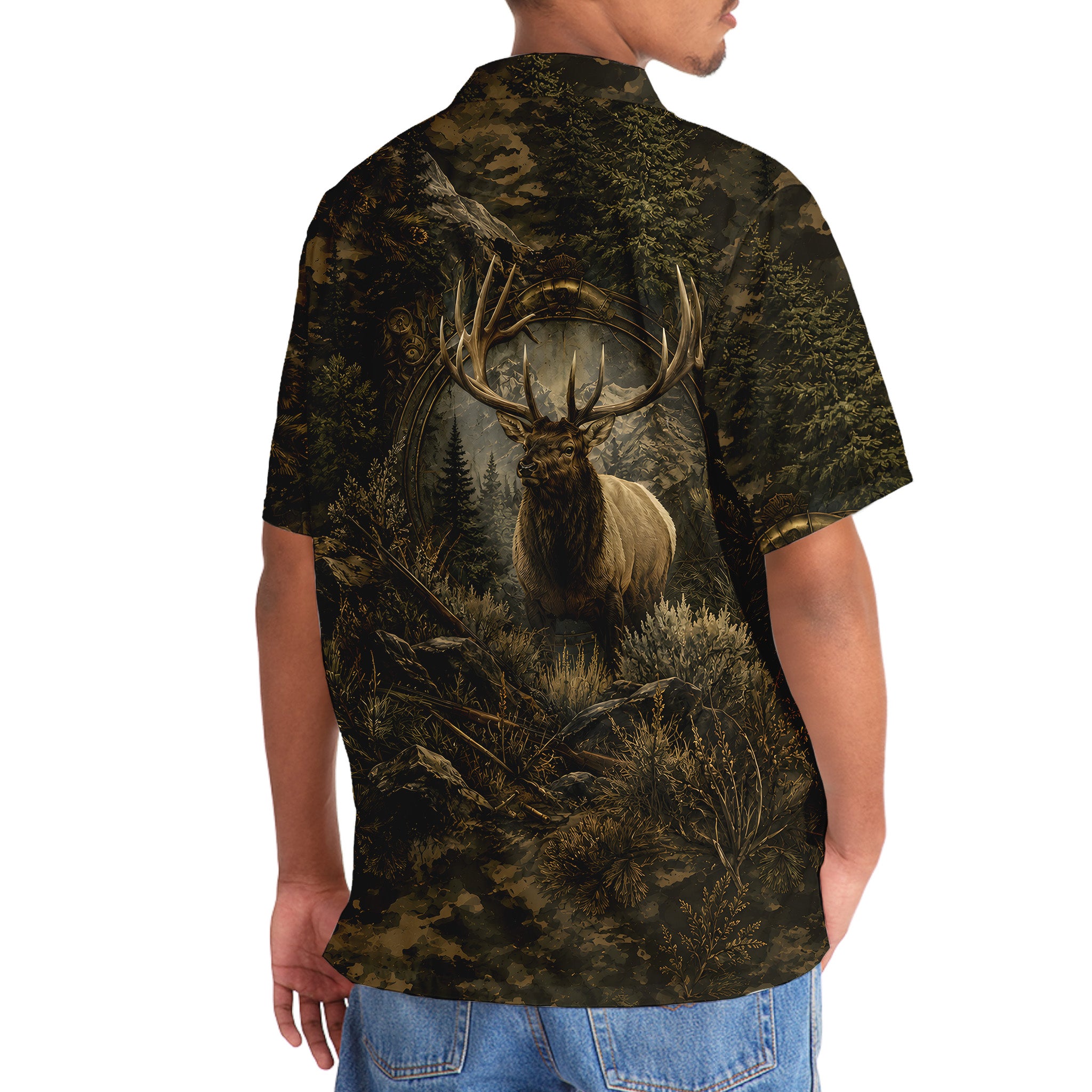 Elk Hunting Dark Camo Hawaiian Shirt
