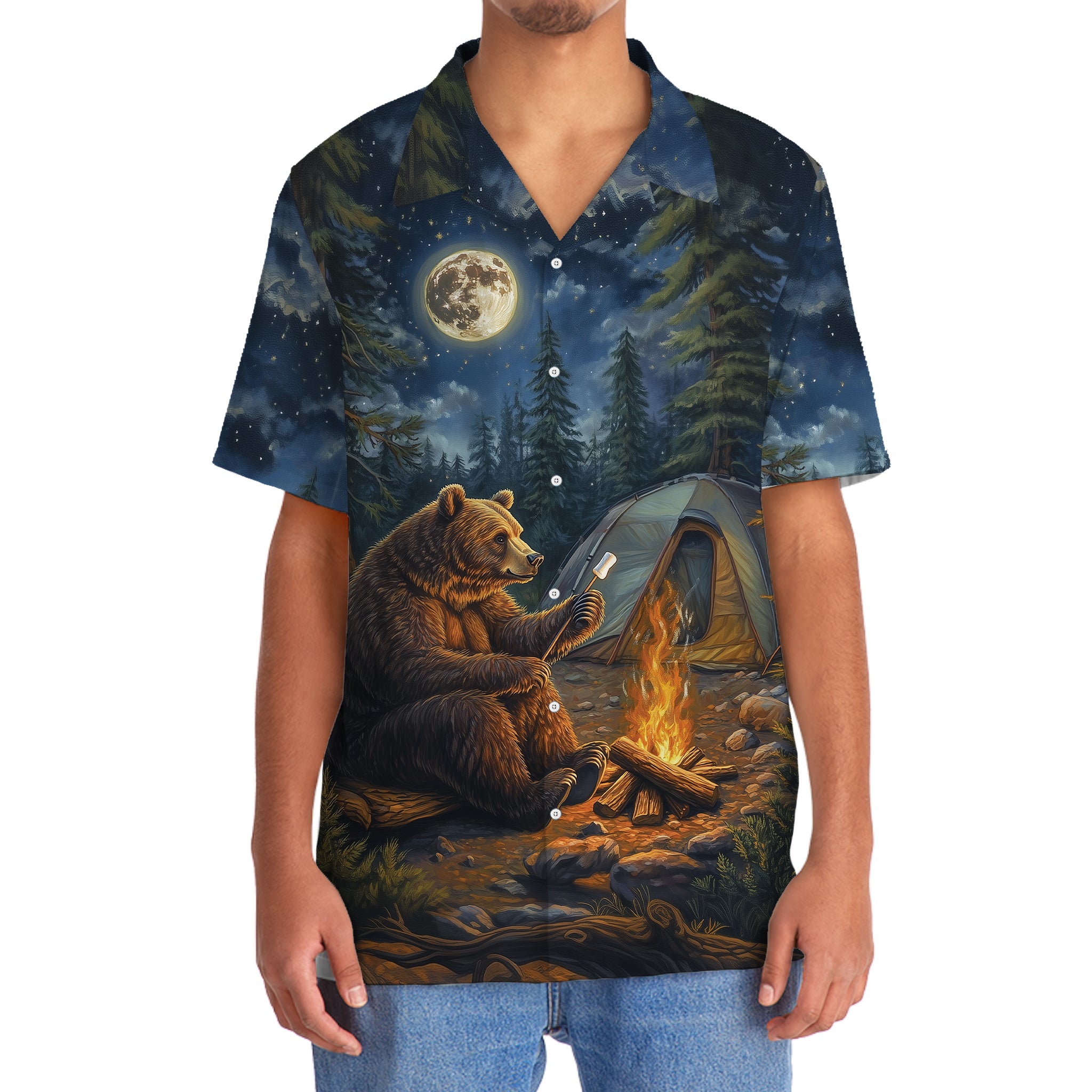 Grizzly Bear Sitting By The Campfire Hawaiian Shirt