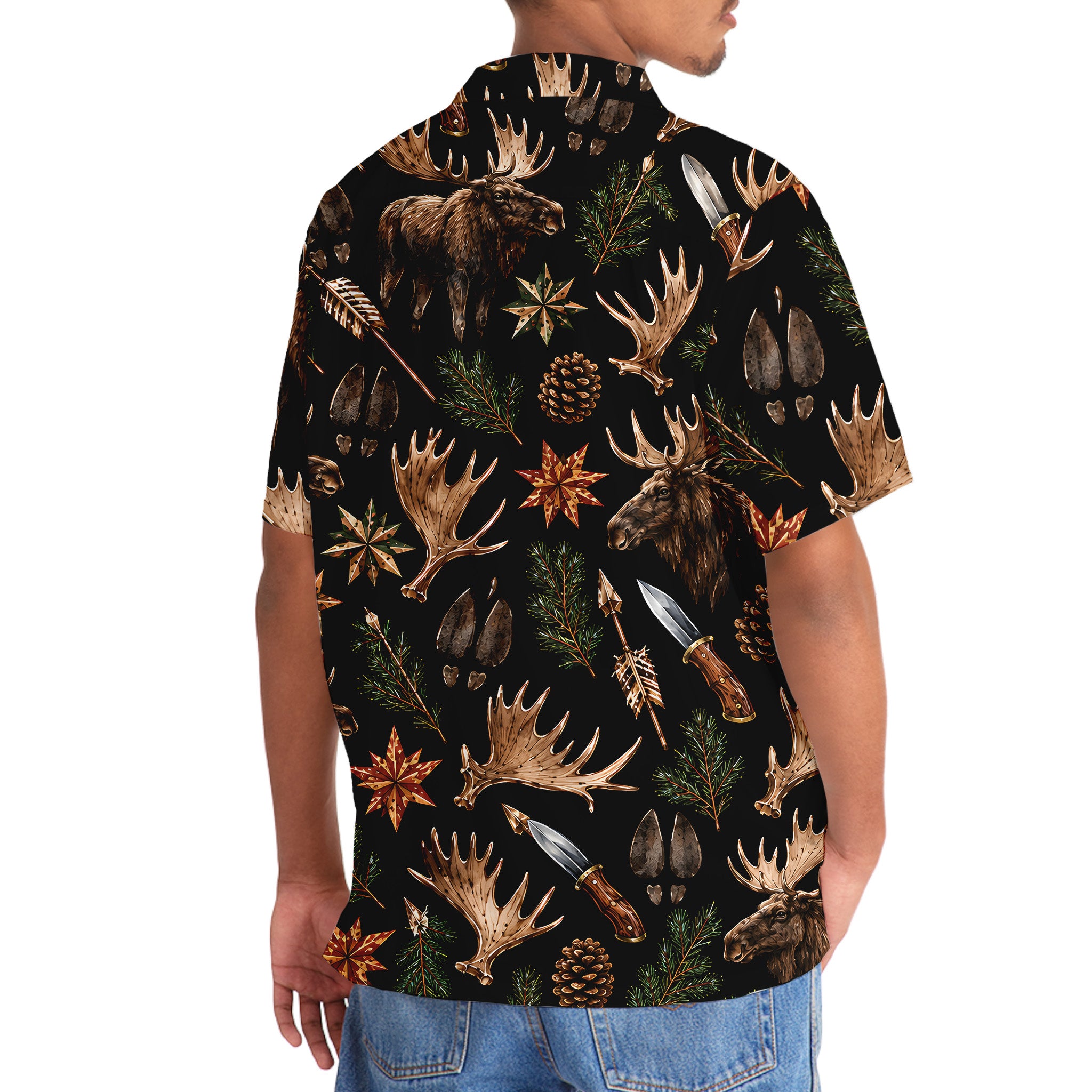 Moose Hunting Retro Black Hawaiian Shirt