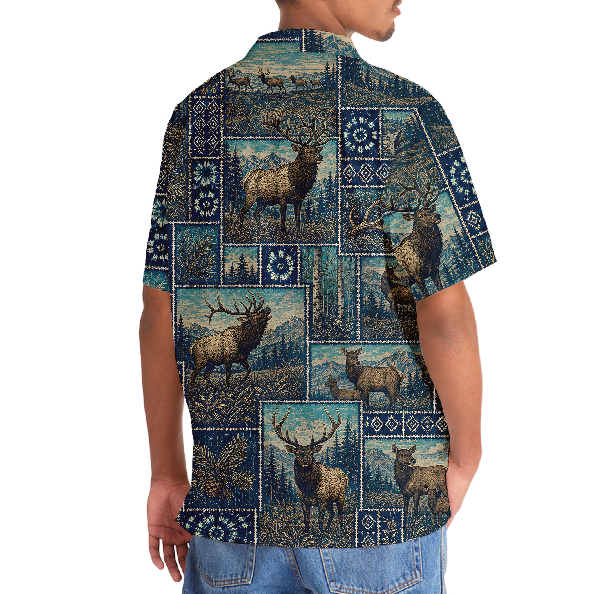 Vintage Blue Elk Hunting Hawaiian Shirt