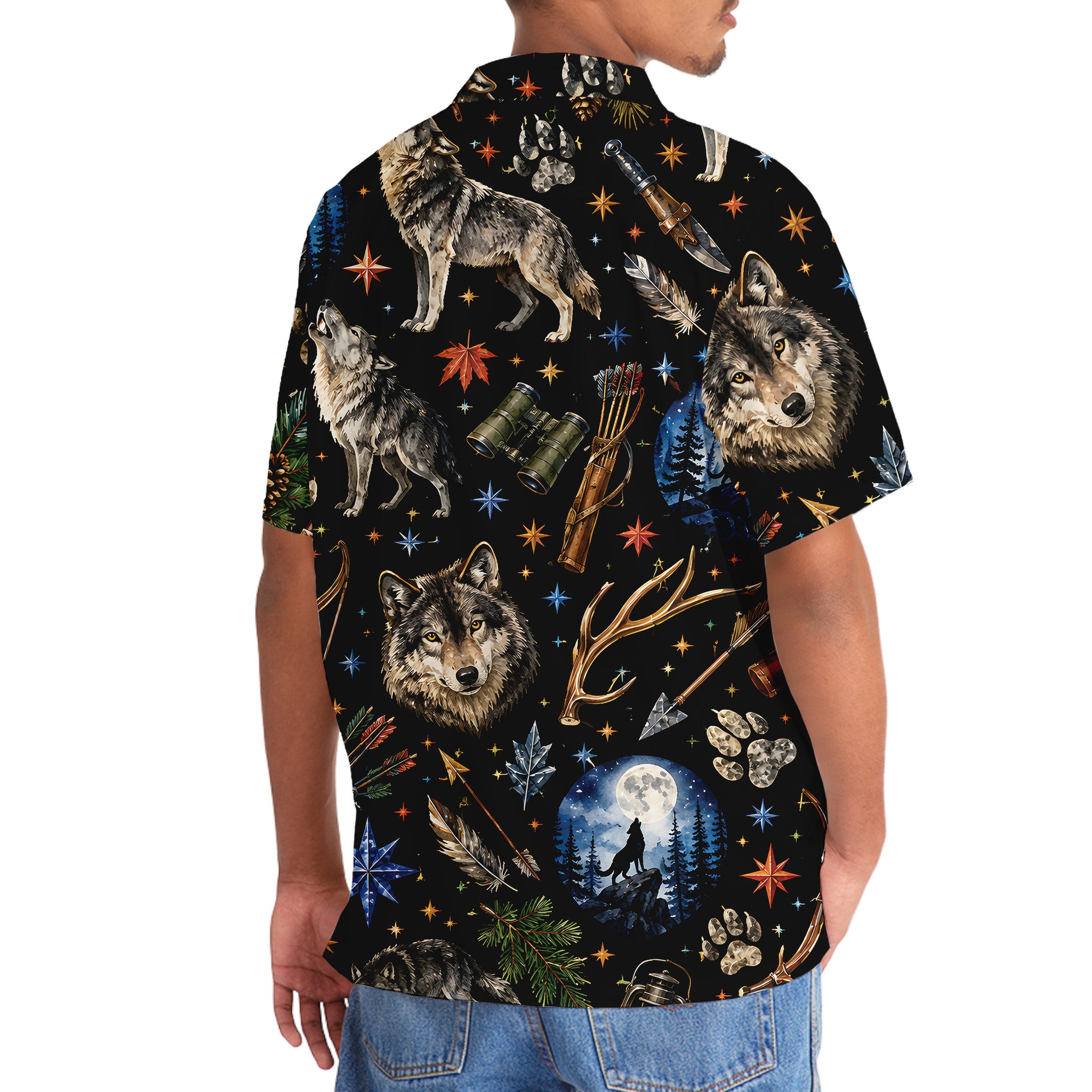 Wolf Hunting Retro Black Hawaiian Shirt