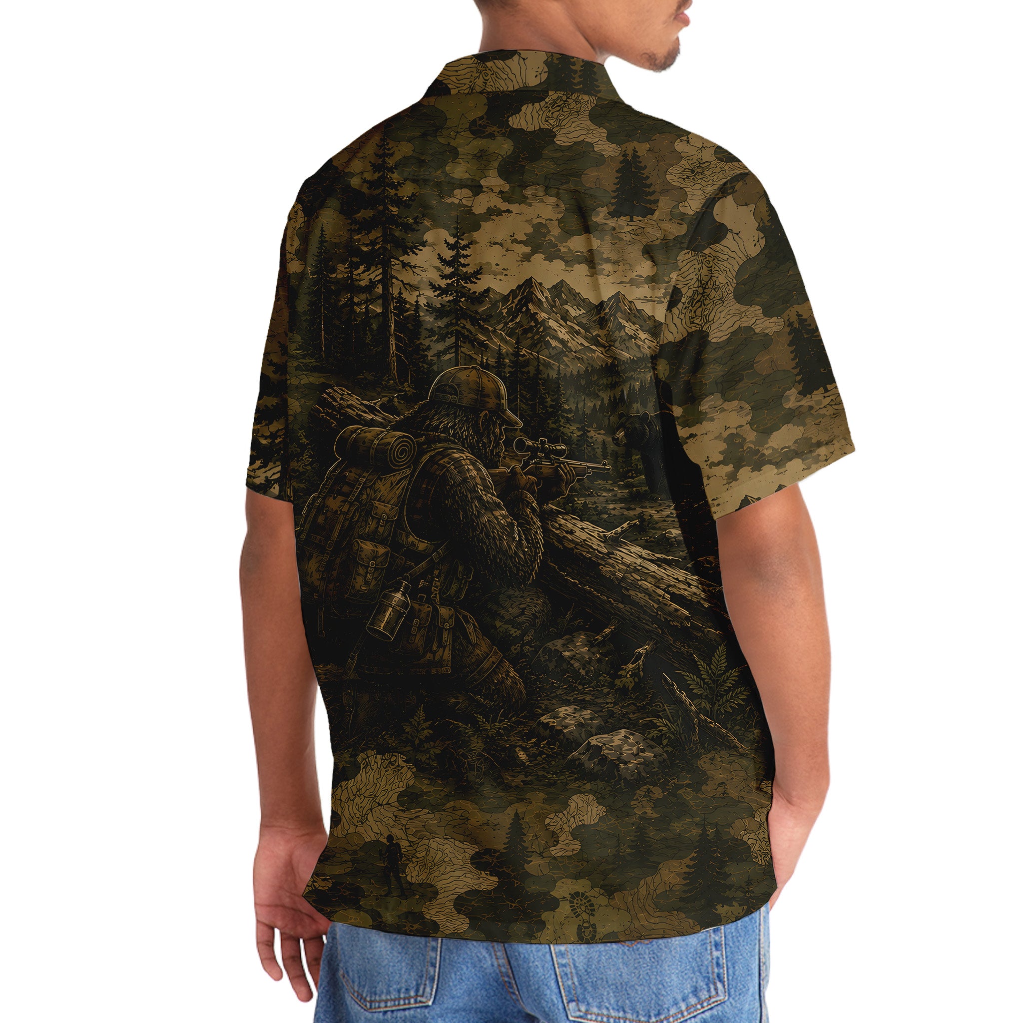 Bigfoot Black Bear Hunting Camouflage Funny Hawaiian Shirt