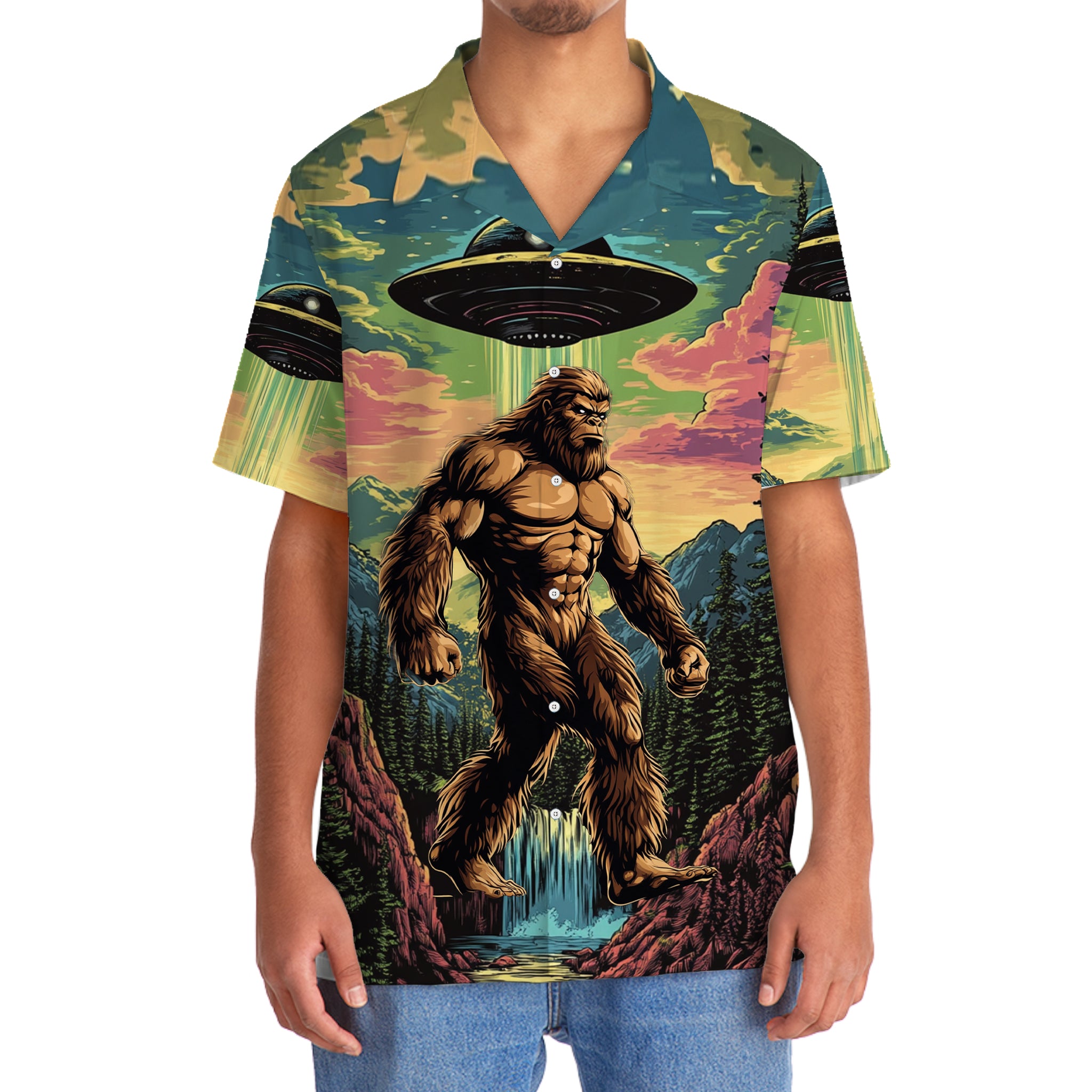 Muscle Bigfoot Hiking UFO Hawaiian Shirt