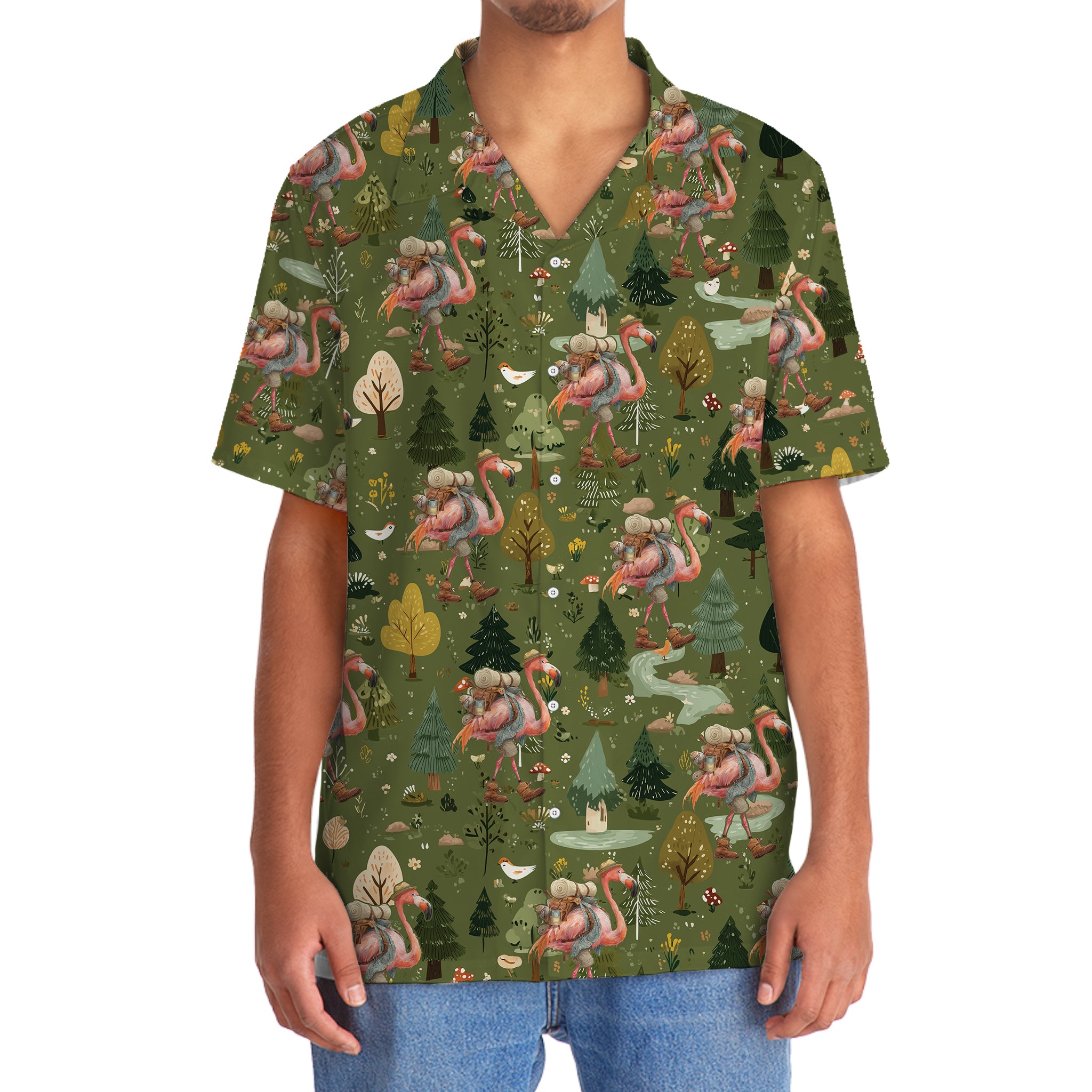 Funny Pink Flamingo Hiking Hawaiian Shirt