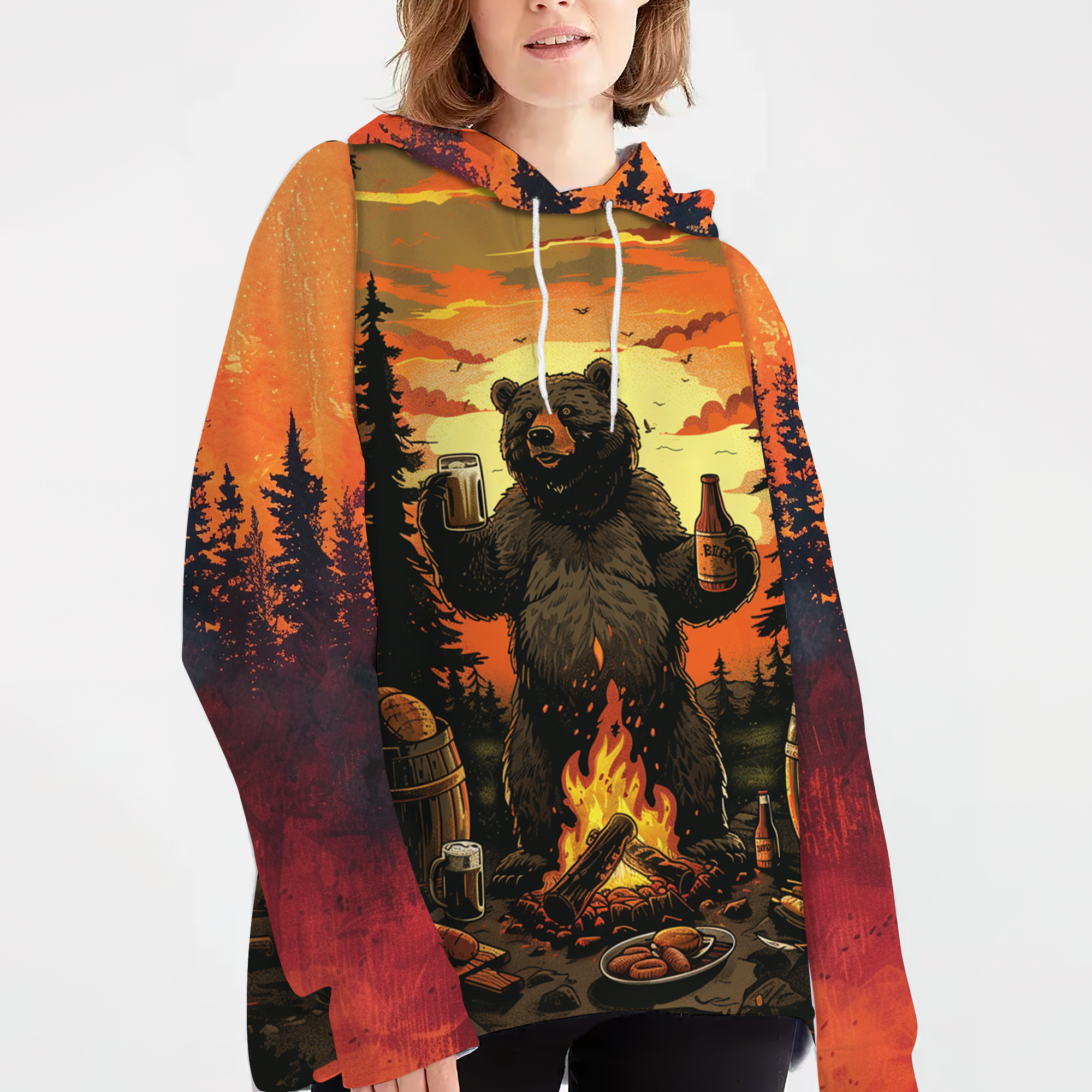 Funny Beer Bear Campfire All Over Print Shirt