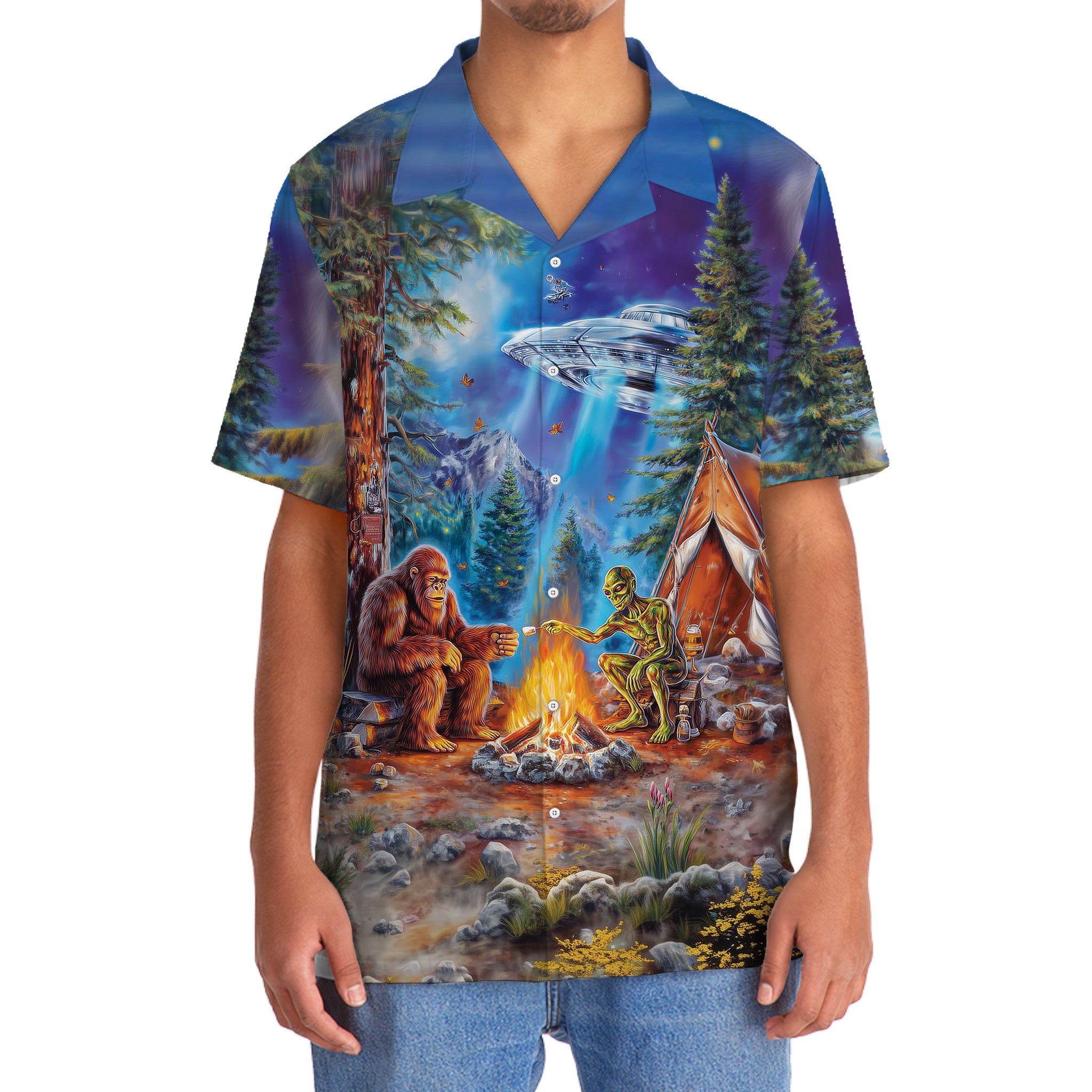 Bigfoot Alien Camping Night Hawaiian Shirt