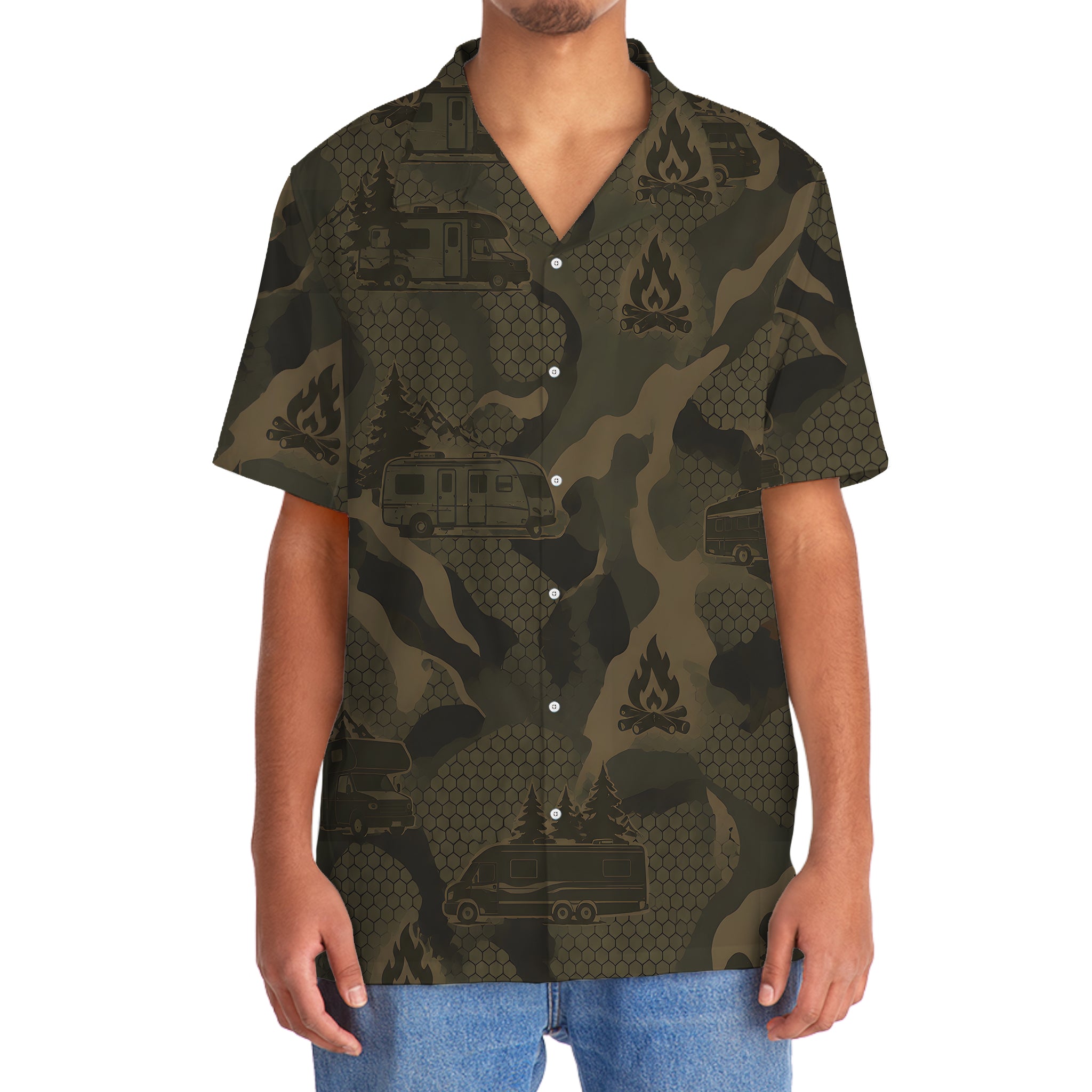 RV Car Camping Camouflage Hawaiian Shirt