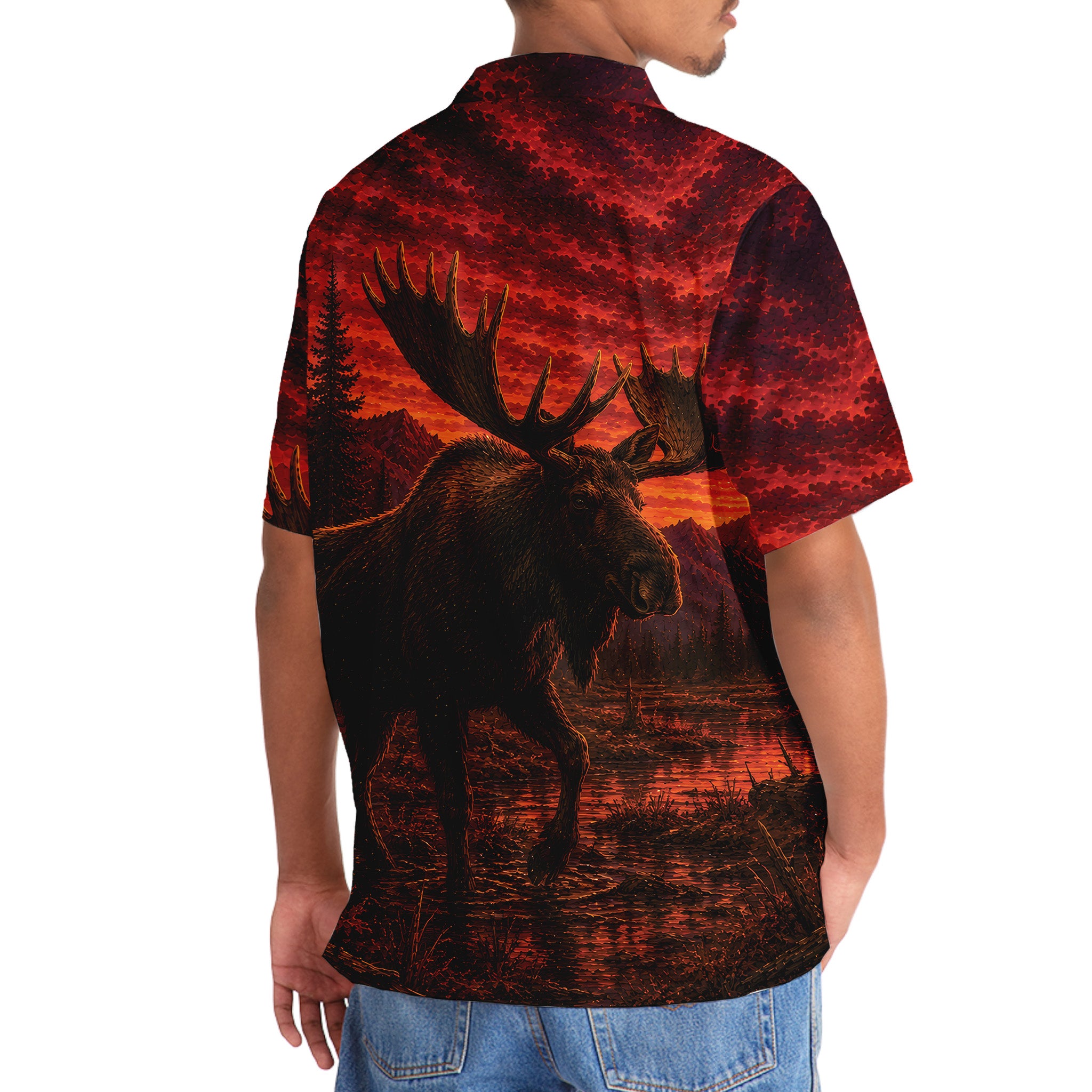 Moose Hunting Burnt Sky Hawaiian Shirt