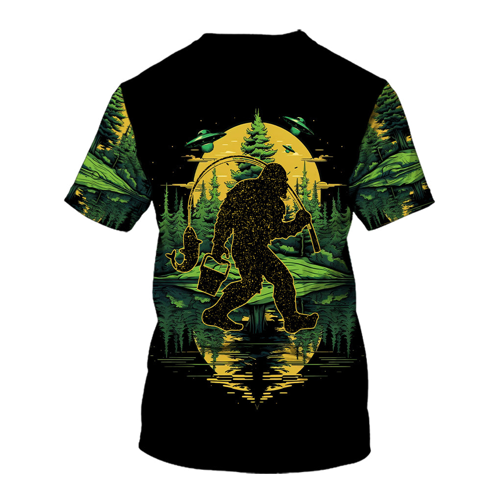 Bigfoot Fishing Green Alien Forest All Over Print Shirt