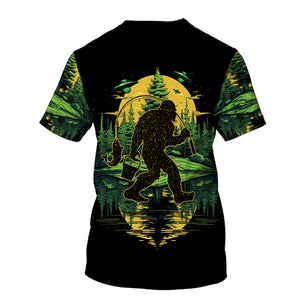 Bigfoot Fishing Green Alien Forest All Over Print Shirt