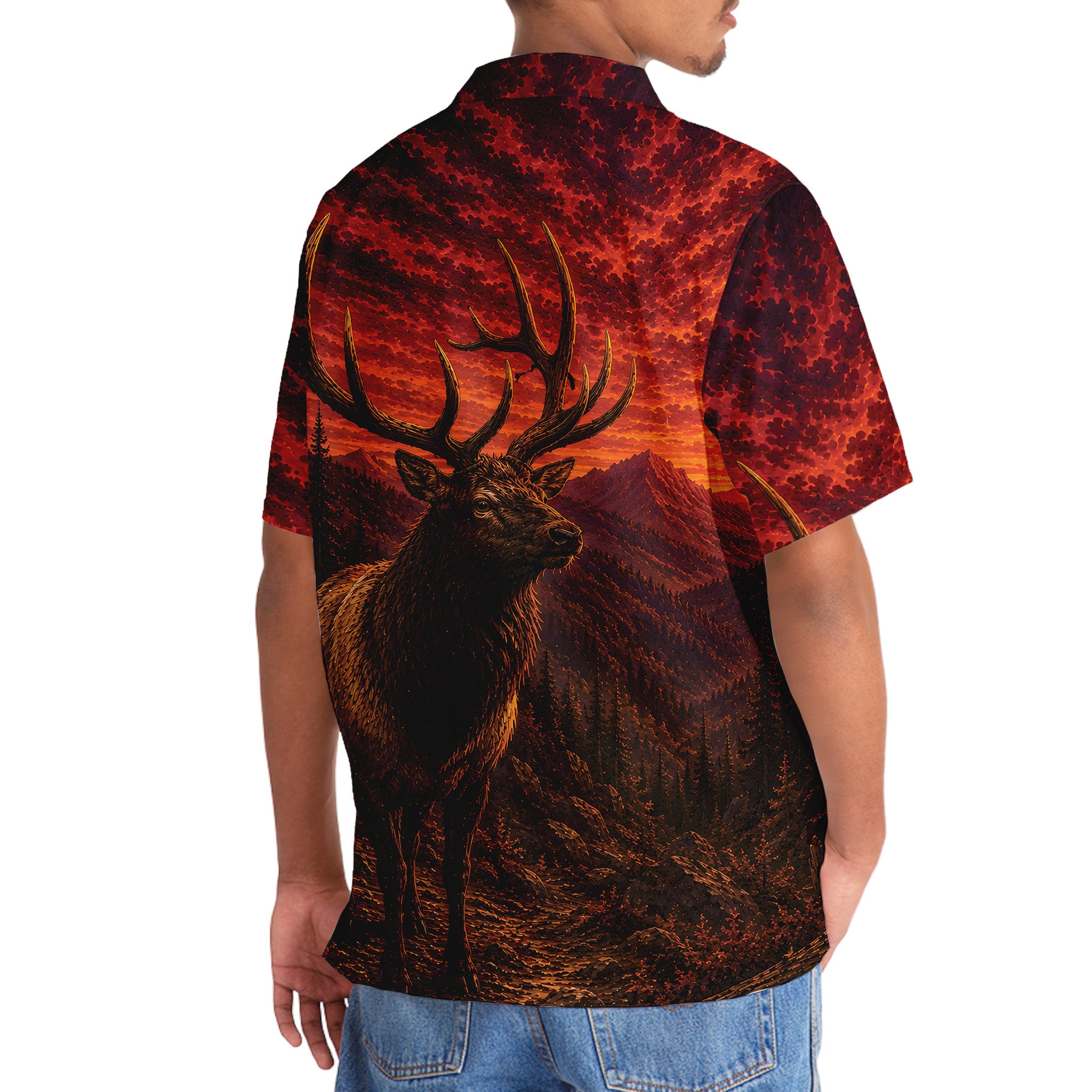Elk Hunting Burnt Sky Hawaiian Shirt