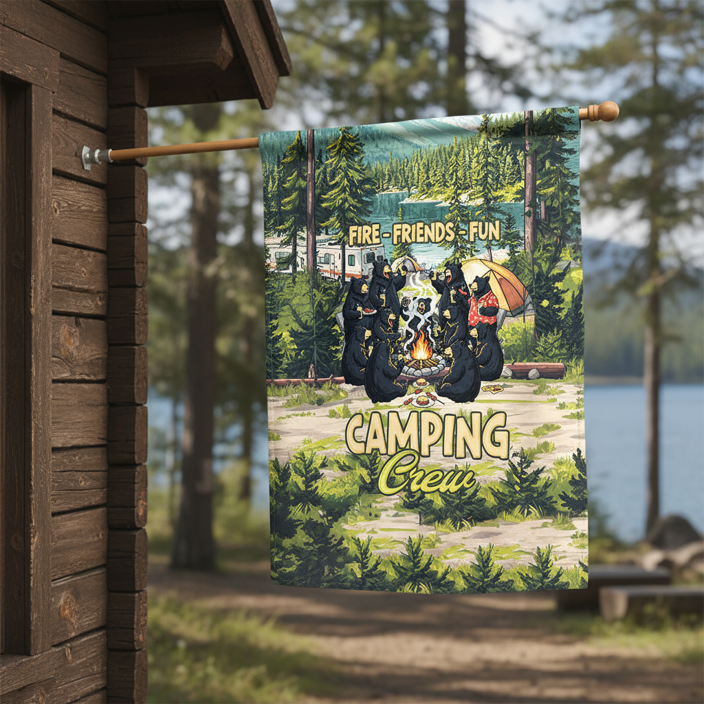 Friends, Fires, Fun Camping Crew Black Bear Flag Decor