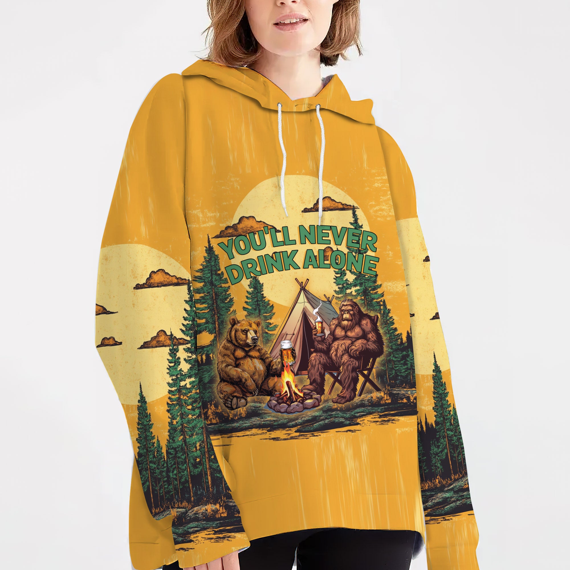 Bigfoot and Bear You'll Never Drink Alone All Over Print Shirt