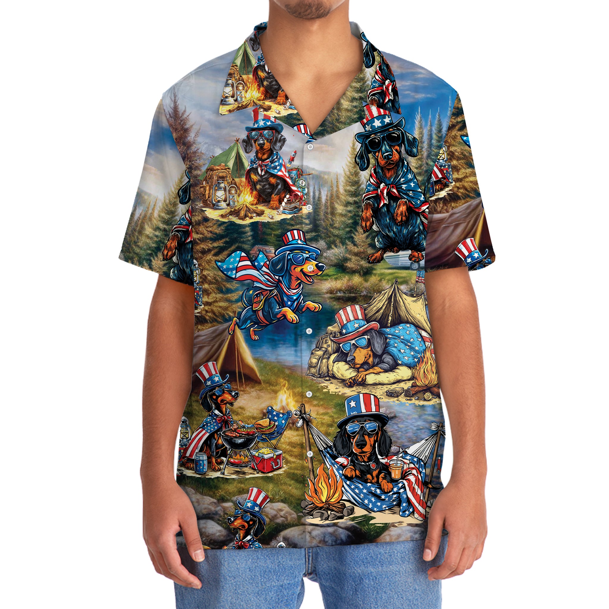 America Funny Dachshund Camping Hawaiian Shirt