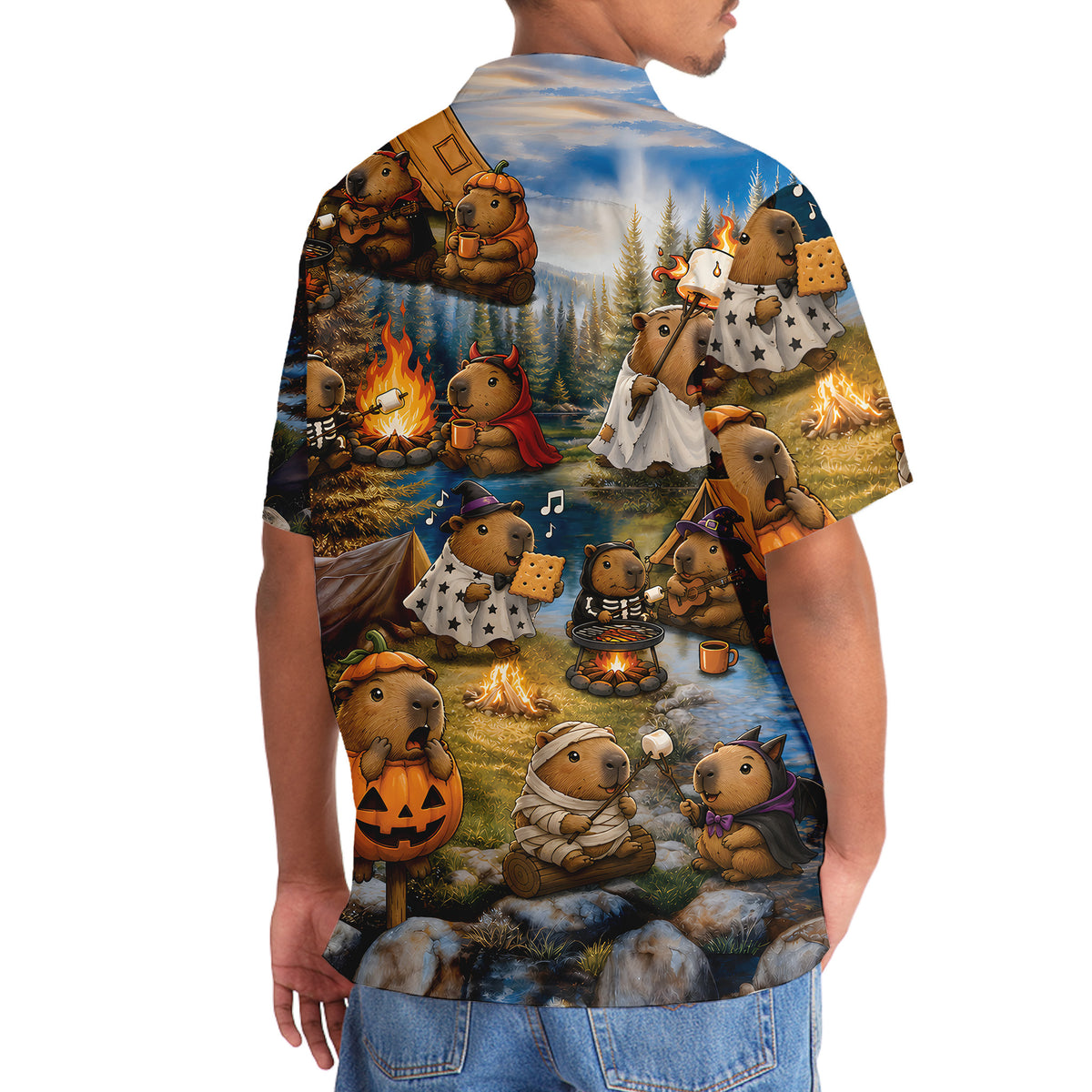 Vintage Capybara Camping Hawaiian Shirt