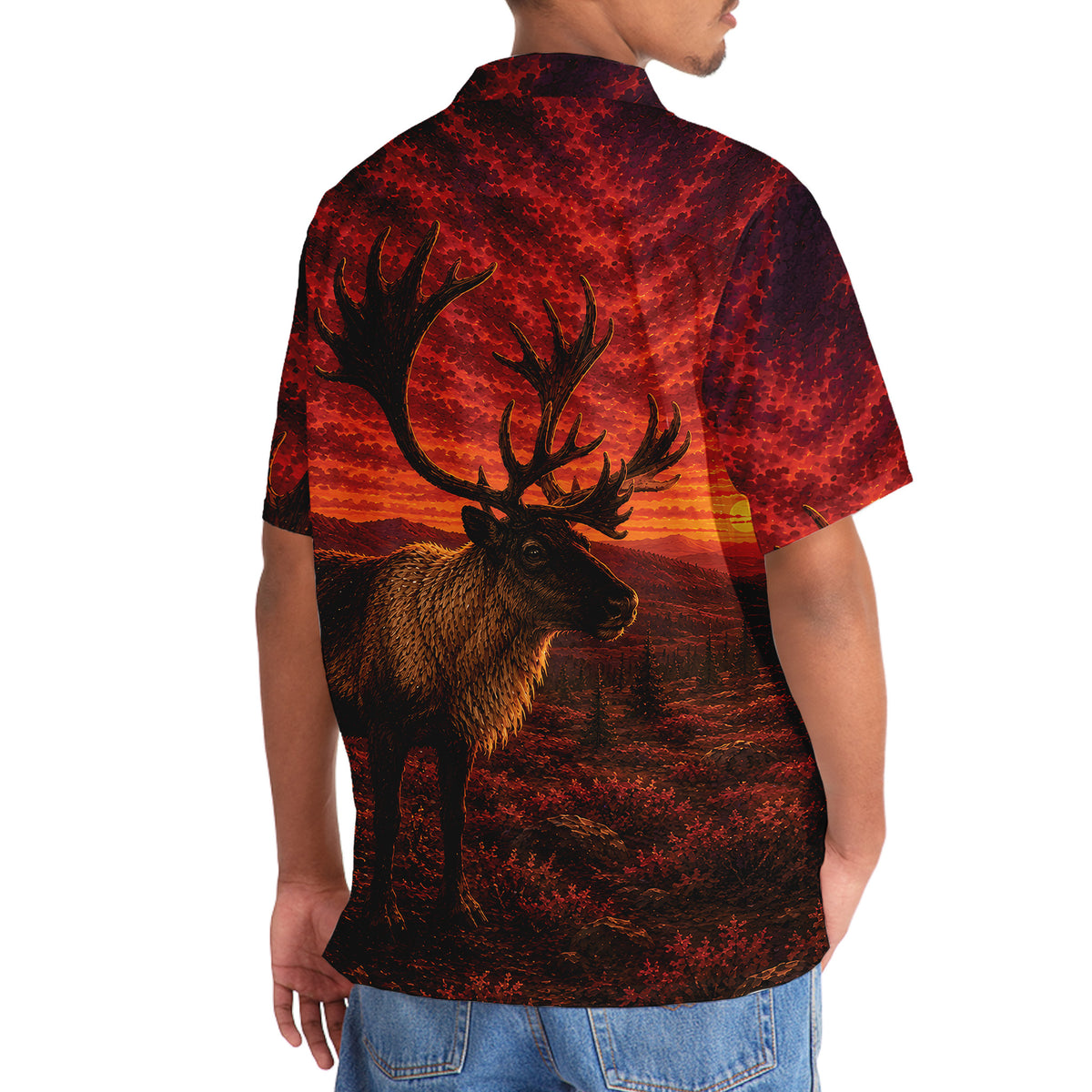 Caribou Hunting Burnt Sky Hawaiian Shirt