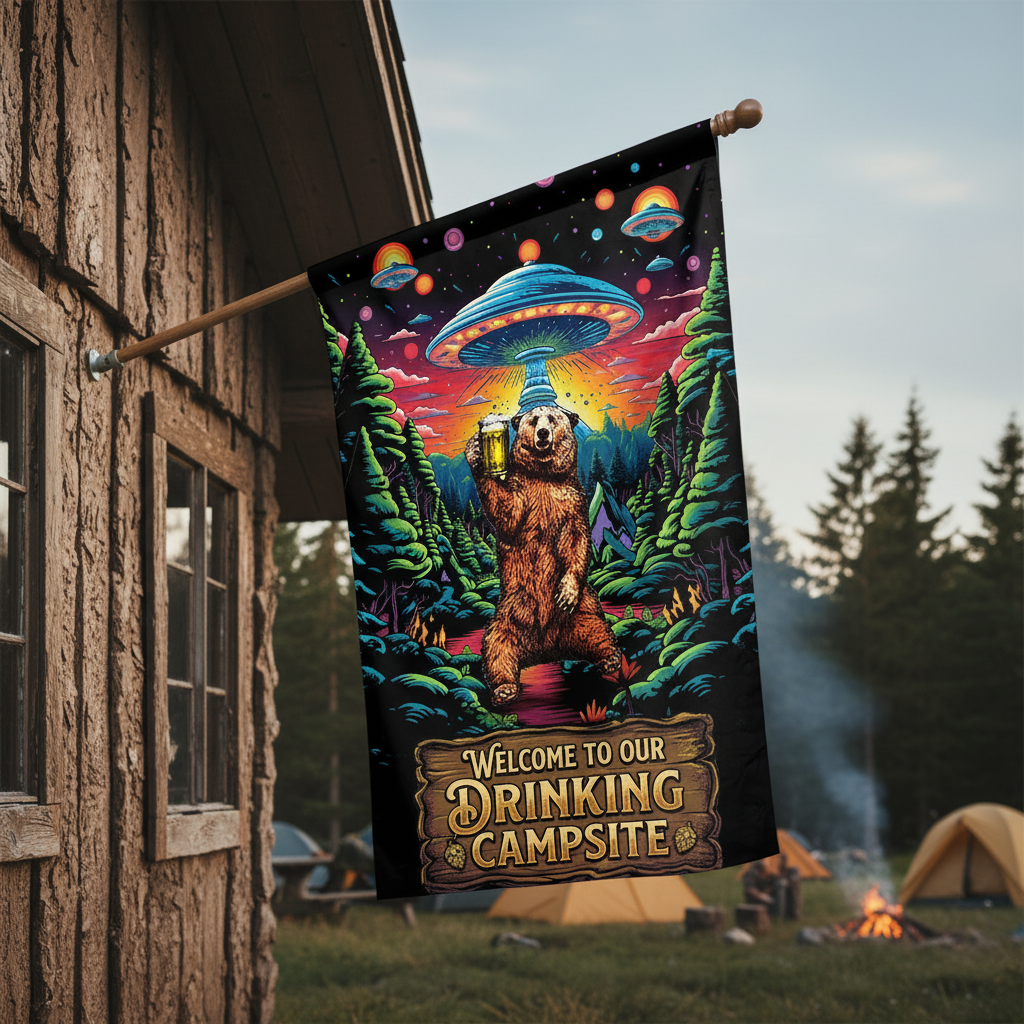 Welcome To Our Drinking Campsite Bear Flag Decor